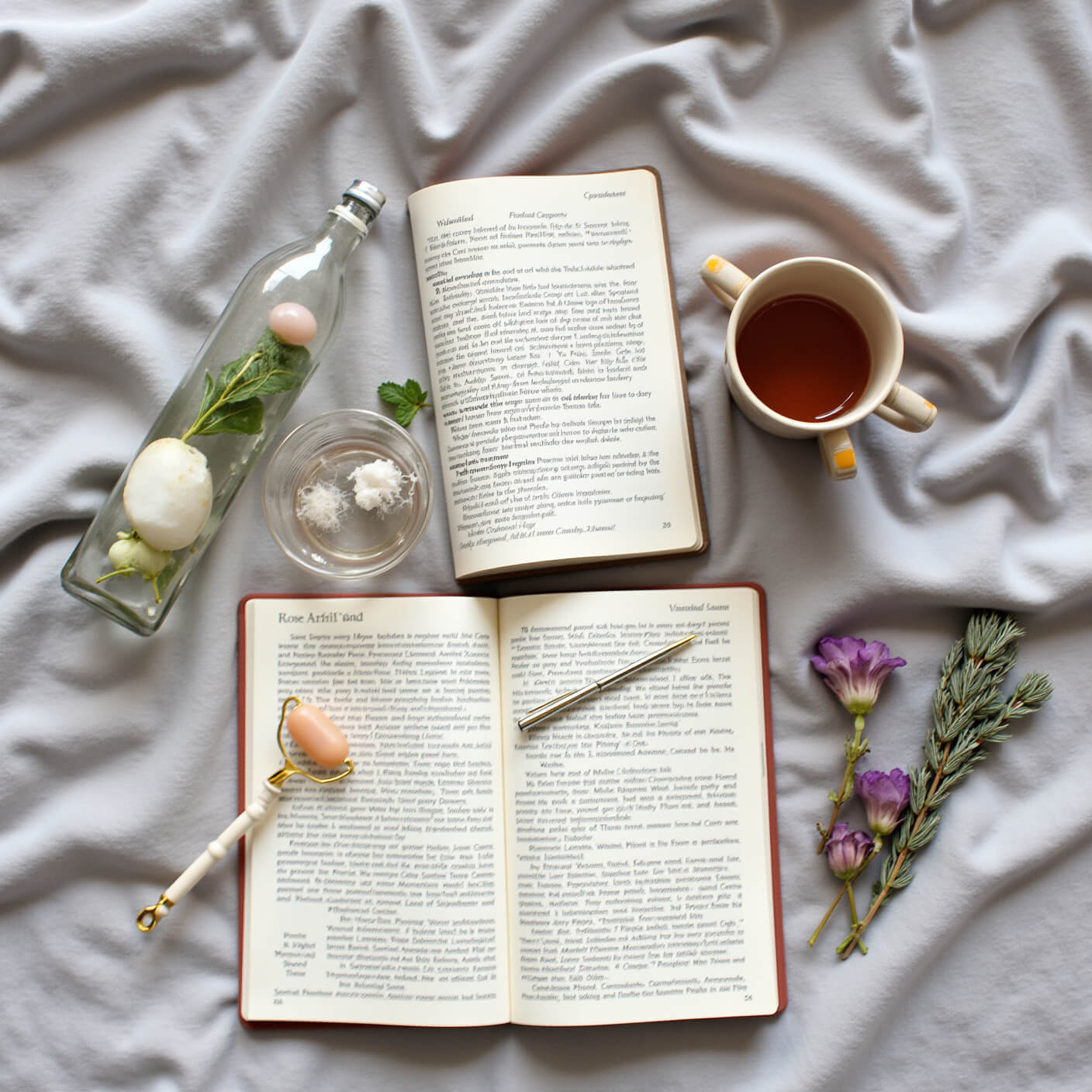 Flatlay of mindful morning routine on rumpled linen bedding with rose quartz facial roller, lemon mint water bottle, open book, bullet journal, fountain pen, organic skincare, supplements, ceramic mug tonic, dried flowers, and sage bundle in bright morning light.