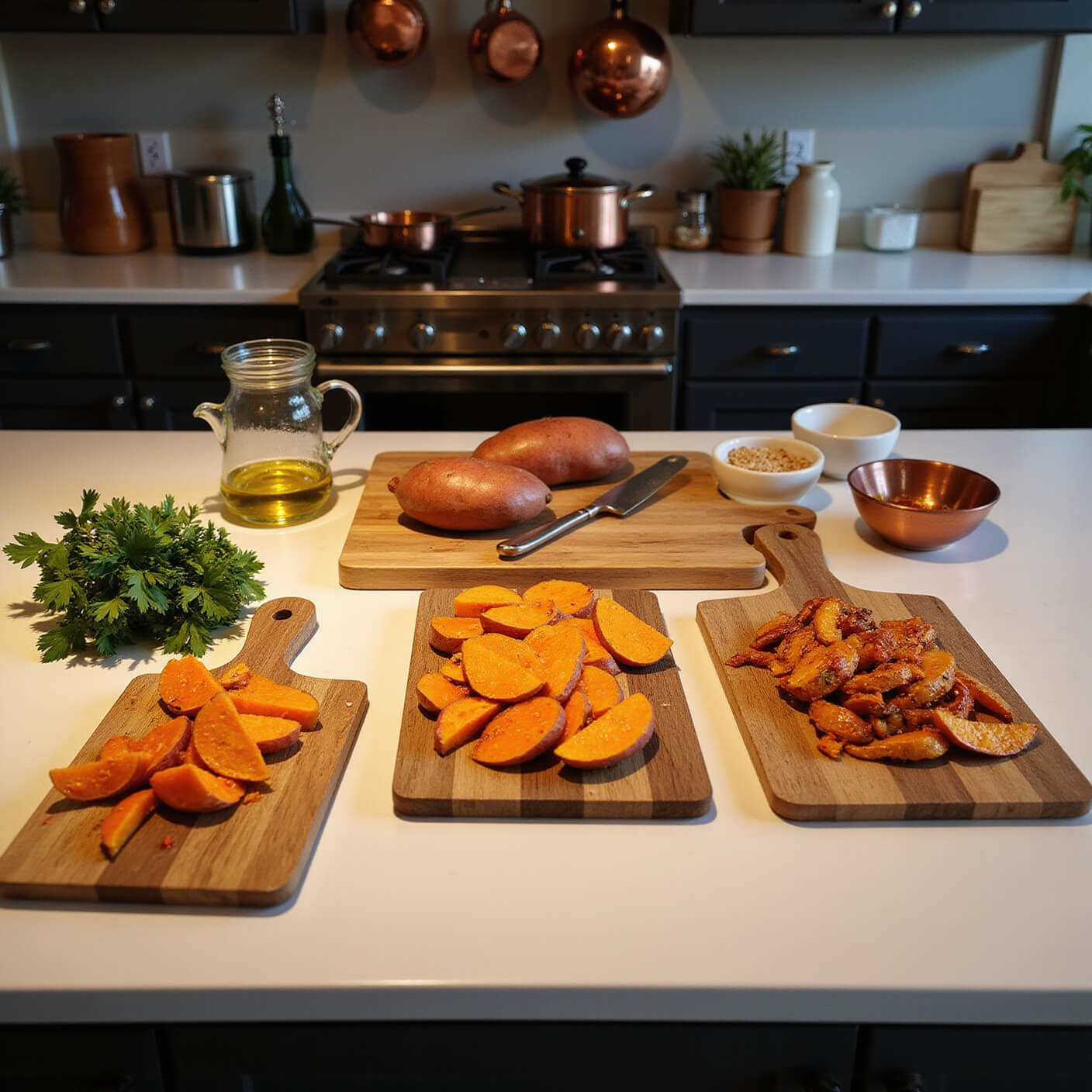 Overhead view of a professional kitchen counter with whole, sliced, and roasted sweet potatoes on cutting boards, surrounded by herbs, olive oil, and seasoning bowls, with copper cookware hanging in the softly lit background.