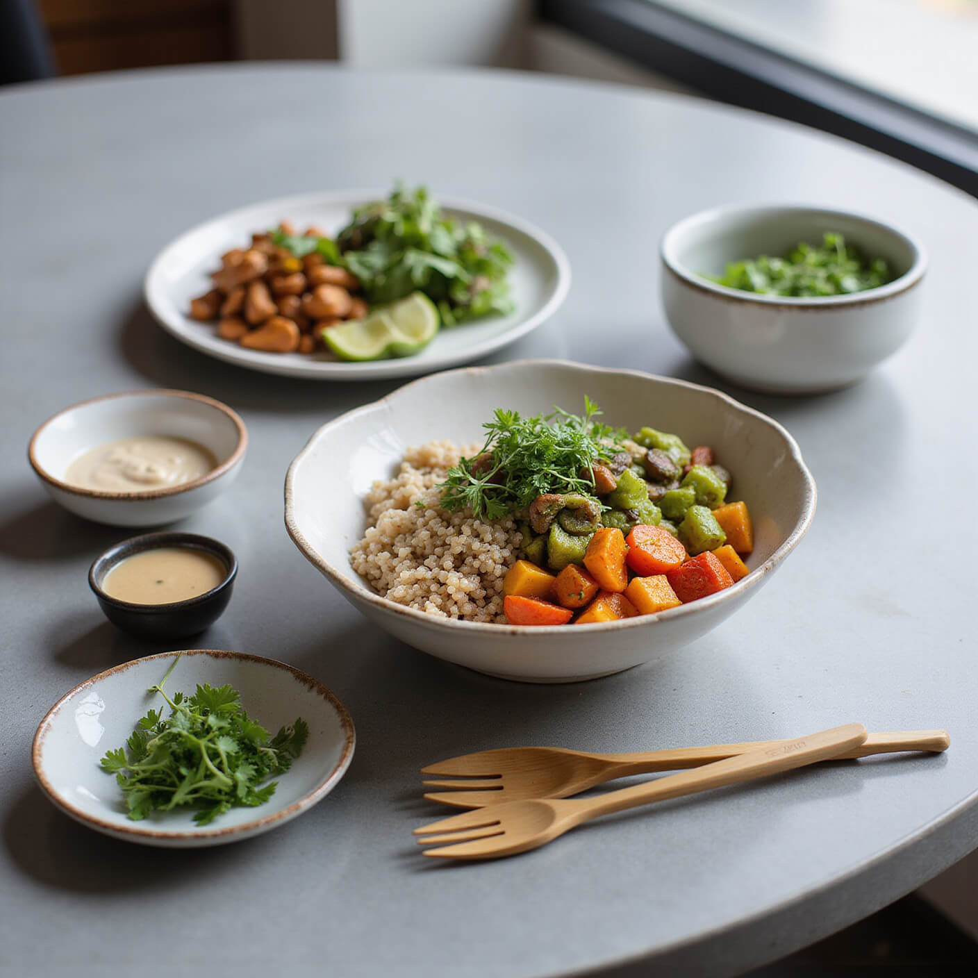 Buddha bowl with quinoa, roasted vegetables, and legumes on a concrete table, surrounded by fresh herbs, tahini sauce, and microgreens, with minimalist dinnerware and bamboo utensils under natural window light.