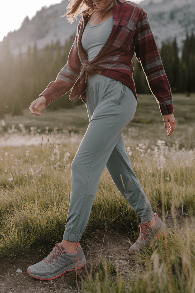 Person hiking through sunlit mountain meadow wearing thrifted burgundy flannel tied at waist, white moisture-wicking tank, sage green joggers, gray coral trail runners, and earth-toned buff headband; side-angle view highlighting practical, budget-friendly outfit and fabric textures.