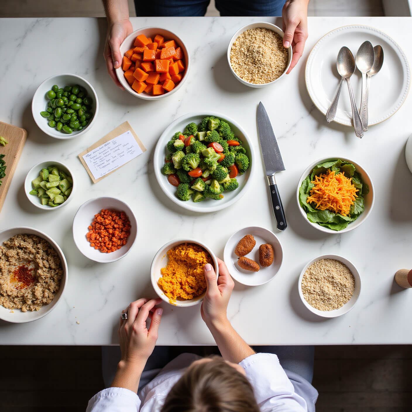 Chef arranging colorful whole foods on marble kitchen countertop with grains, vegetables, proteins, utensils, and recipe cards under natural lighting.