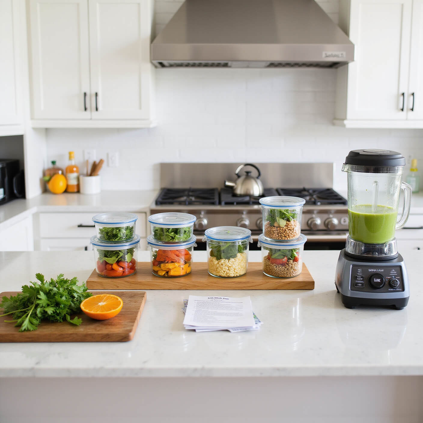 Bright, organized contemporary kitchen island with glass containers of healthy ingredients, fresh herbs on a cutting board, a green smoothie in a blender, recipe cards, and gleaming stainless steel appliances in morning light.