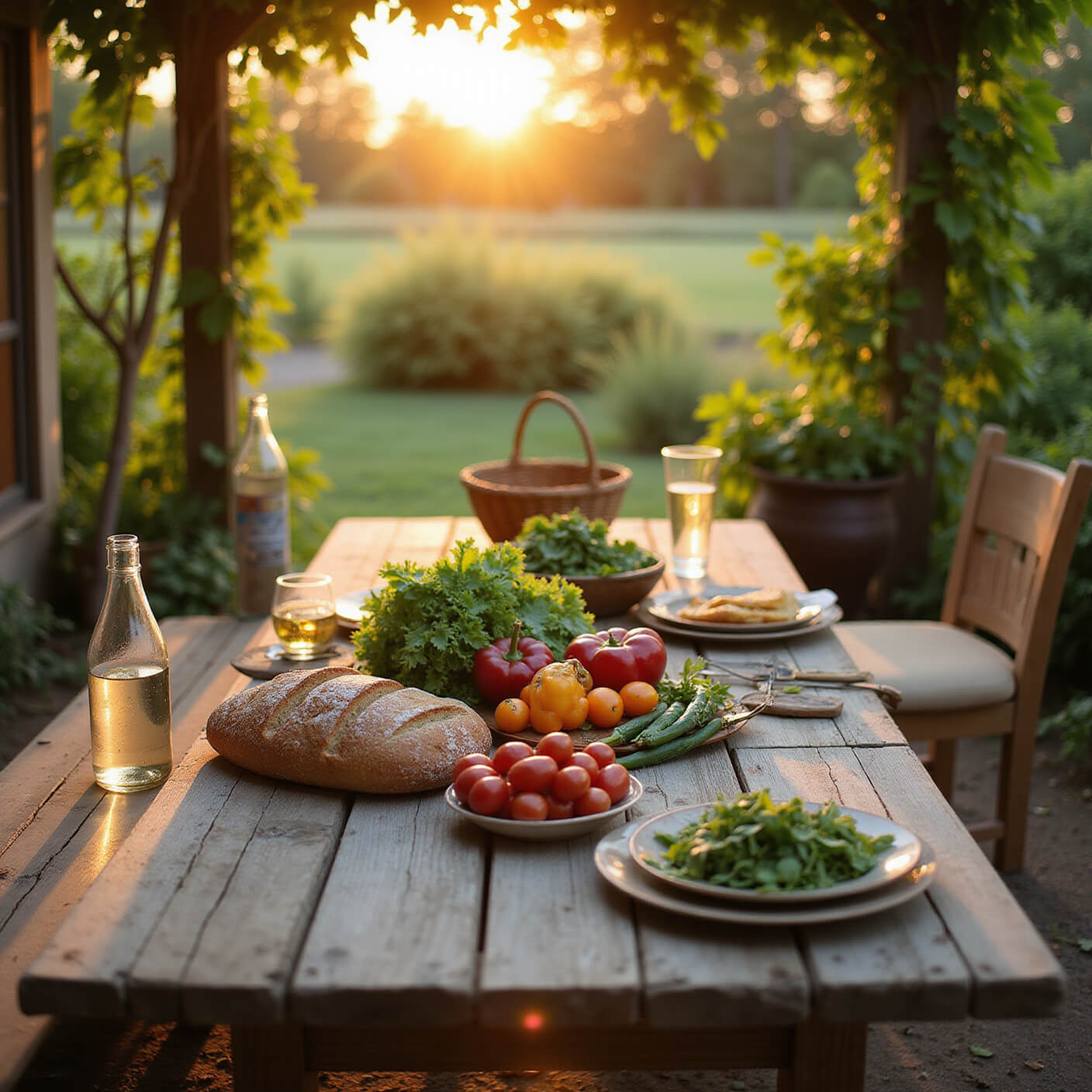 Rustic outdoor dining table at sunset with fresh vegetables, whole grain bread, herb water, and garden tools under a grape arbor, bathed in golden light.