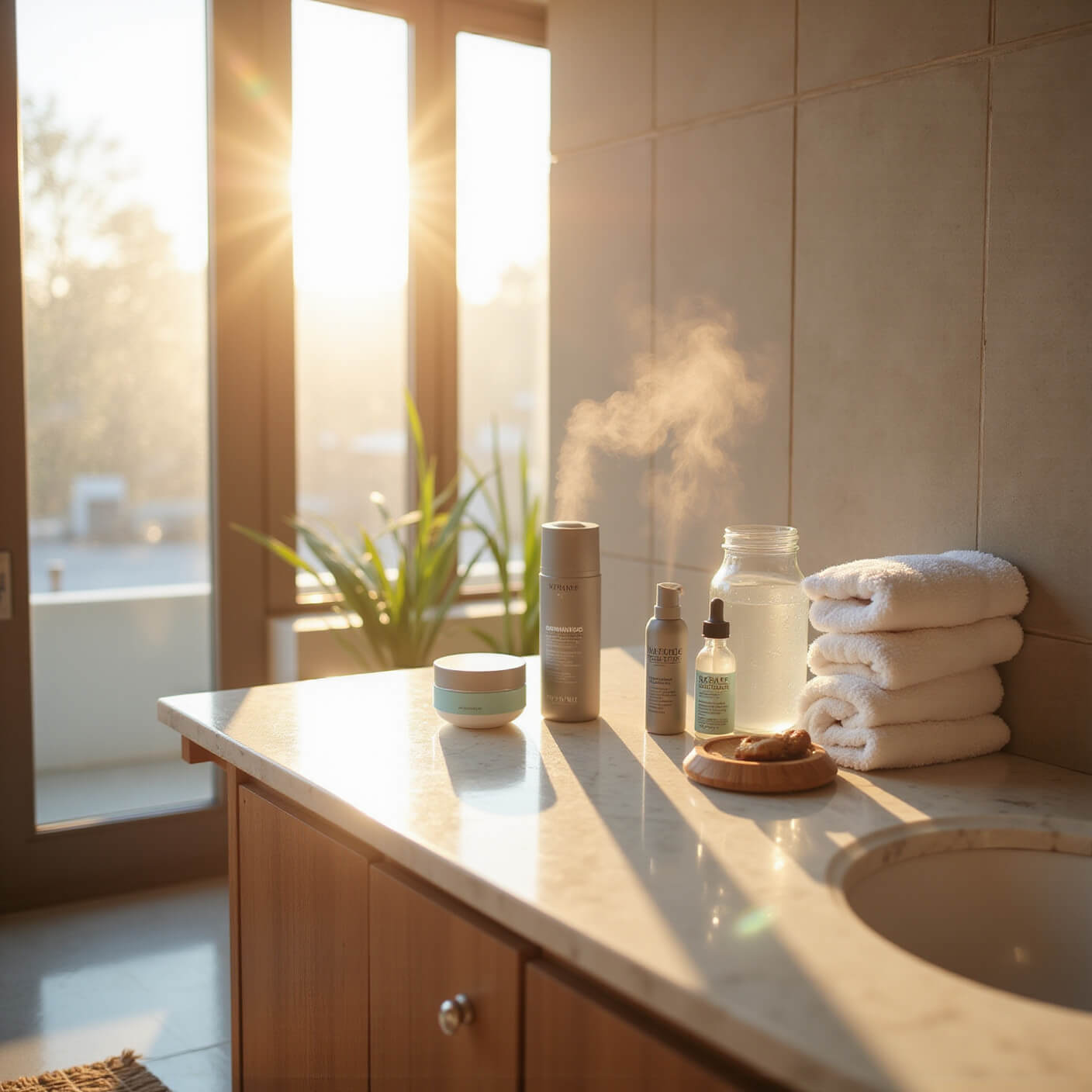 Hands applying moisturizer in a sunlit, minimalist bathroom with marble counter, skincare products, and rising steam from a humidifier.