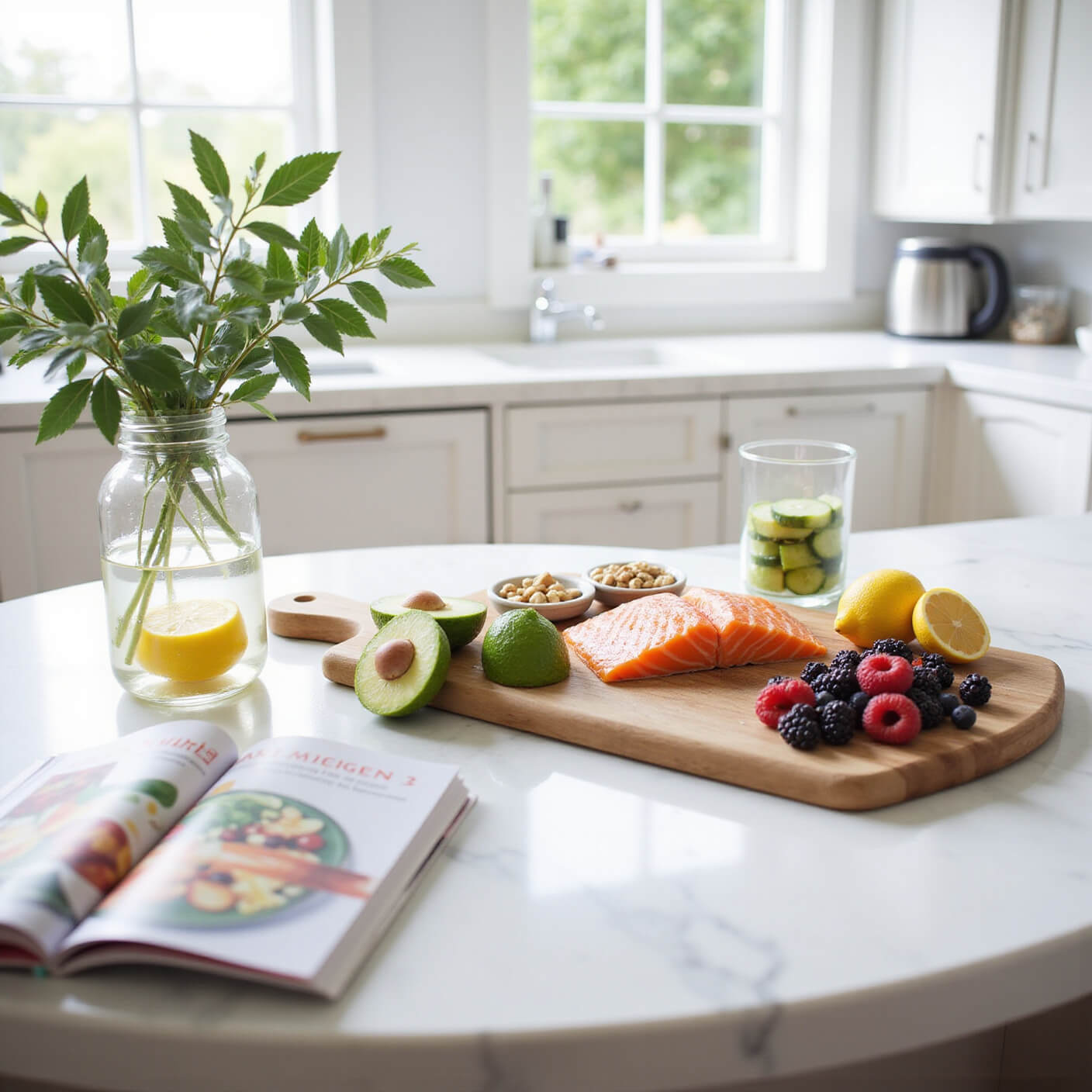 Bright modern kitchen with a marble island displaying salmon, avocados, nuts, berries, and a cucumber-lemon water infuser; wellness-focused setup in natural morning light.