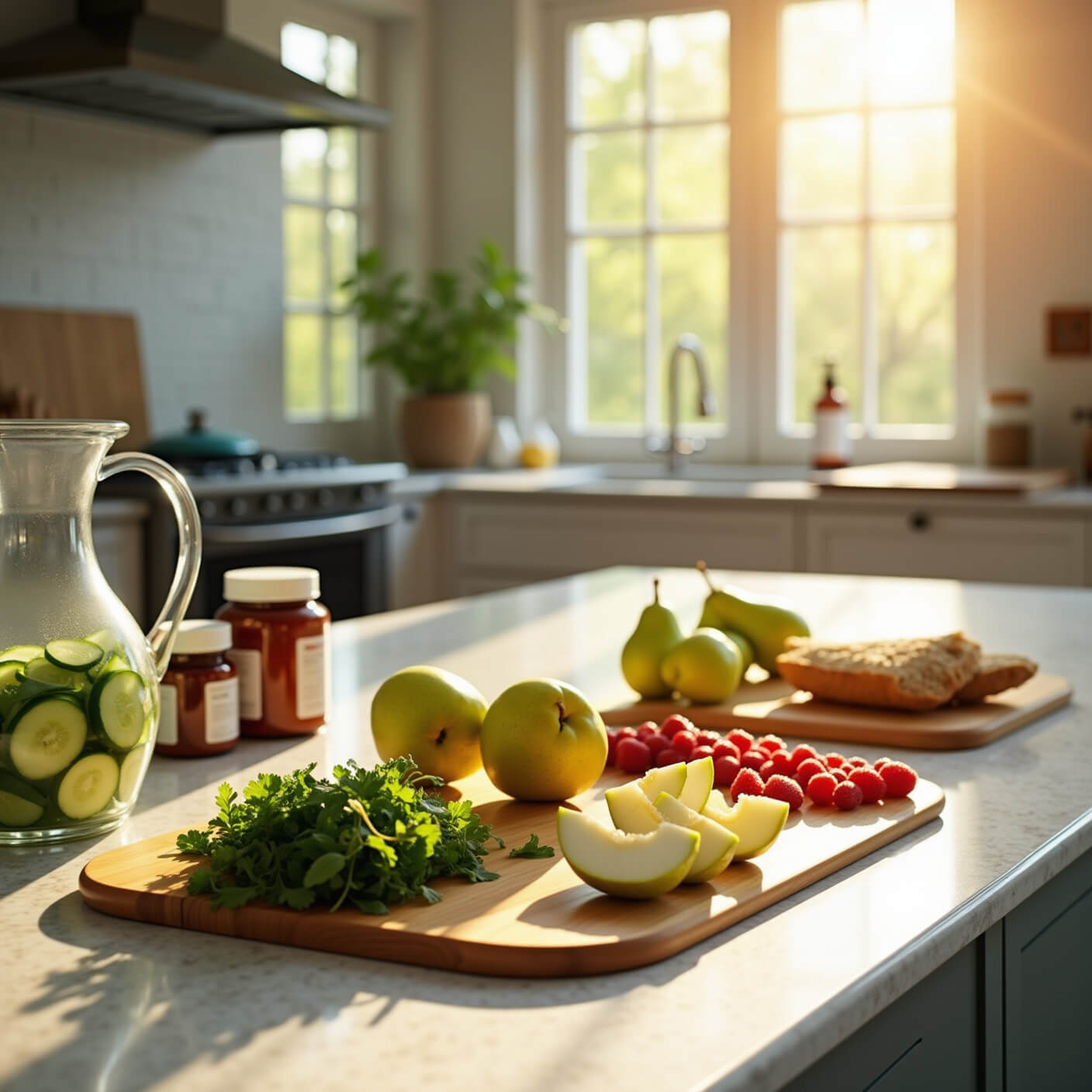Bright kitchen with sunlight over a wooden cutting board holding pears, berries, greens, whole grain bread, a cucumber water pitcher, and supplements on a marble counter.