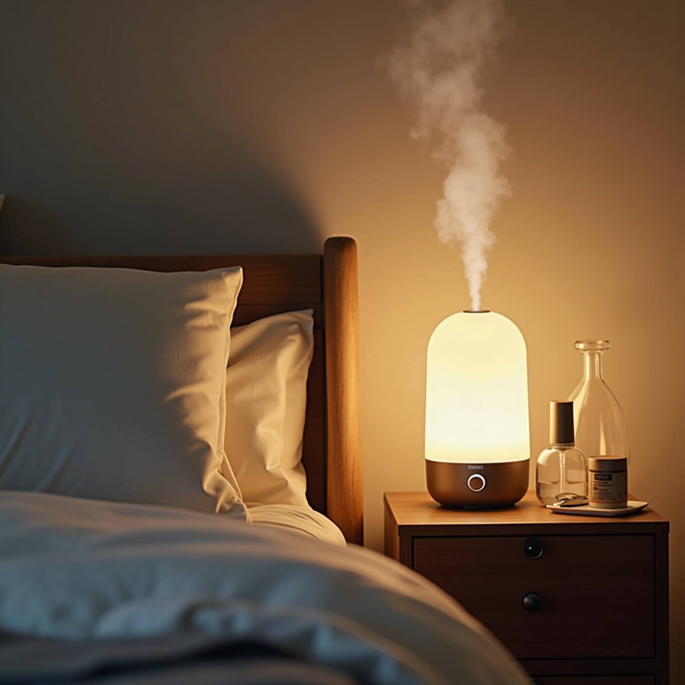 Cozy bedroom corner at dusk with warm lighting, visible mist from a sleek humidifier by a mid-century nightstand, silk pillowcase, cotton sheets, and neatly arranged skincare essentials.