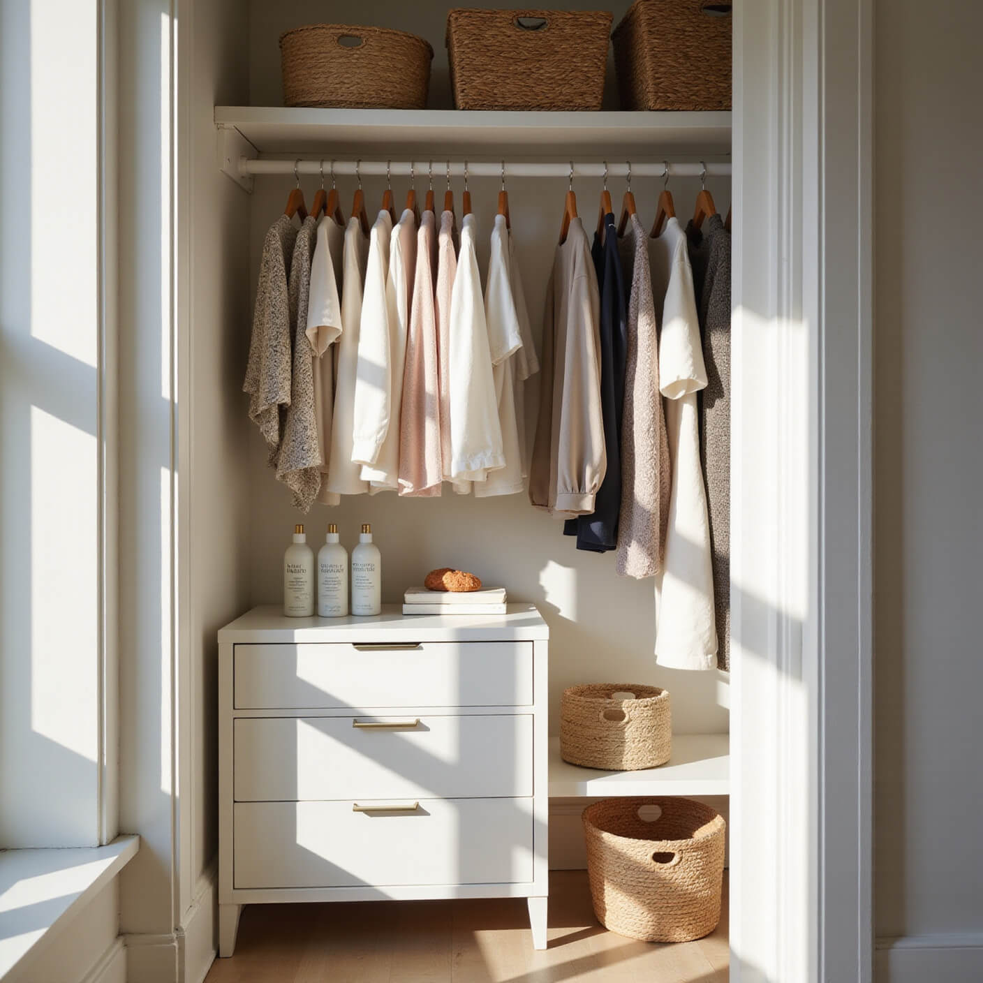 Sunlit walk-in closet with neatly organized natural fiber clothing on wooden hangers, silk scarves, cotton basics in neutral tones, woven storage baskets, and a drawer with hypoallergenic detergents.