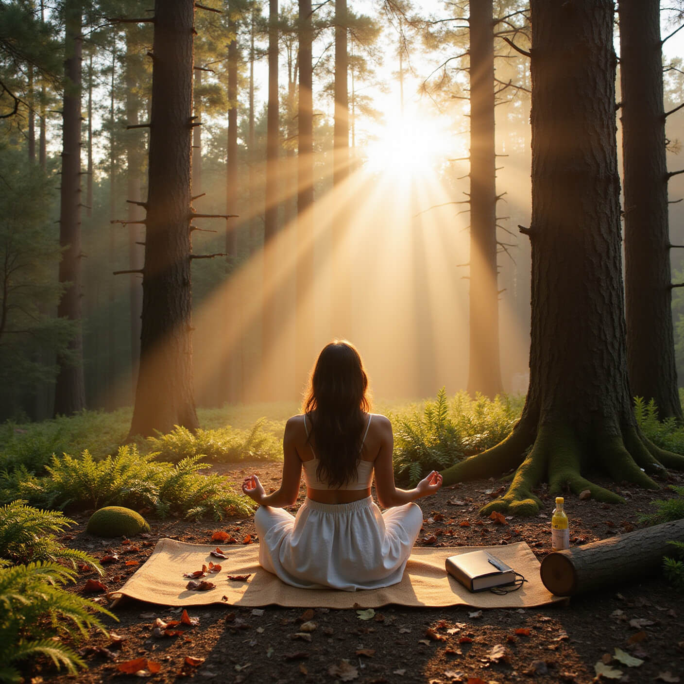 Woman practicing mindful breathing on a cork mat in a misty sunrise forest, surrounded by towering pines, dewy ferns, and earthy tones.