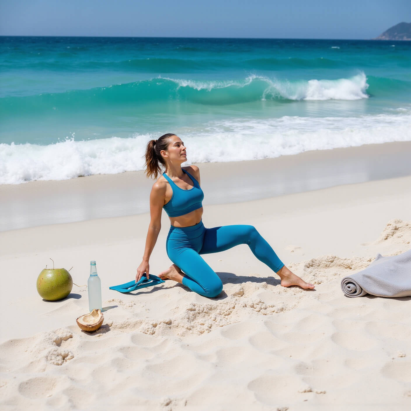 Athletic person doing bodyweight exercises on sunny beach in ocean-blue sustainable activewear, with coconut water, towel, and recycled resistance bands nearby; turquoise waves crash in the background.