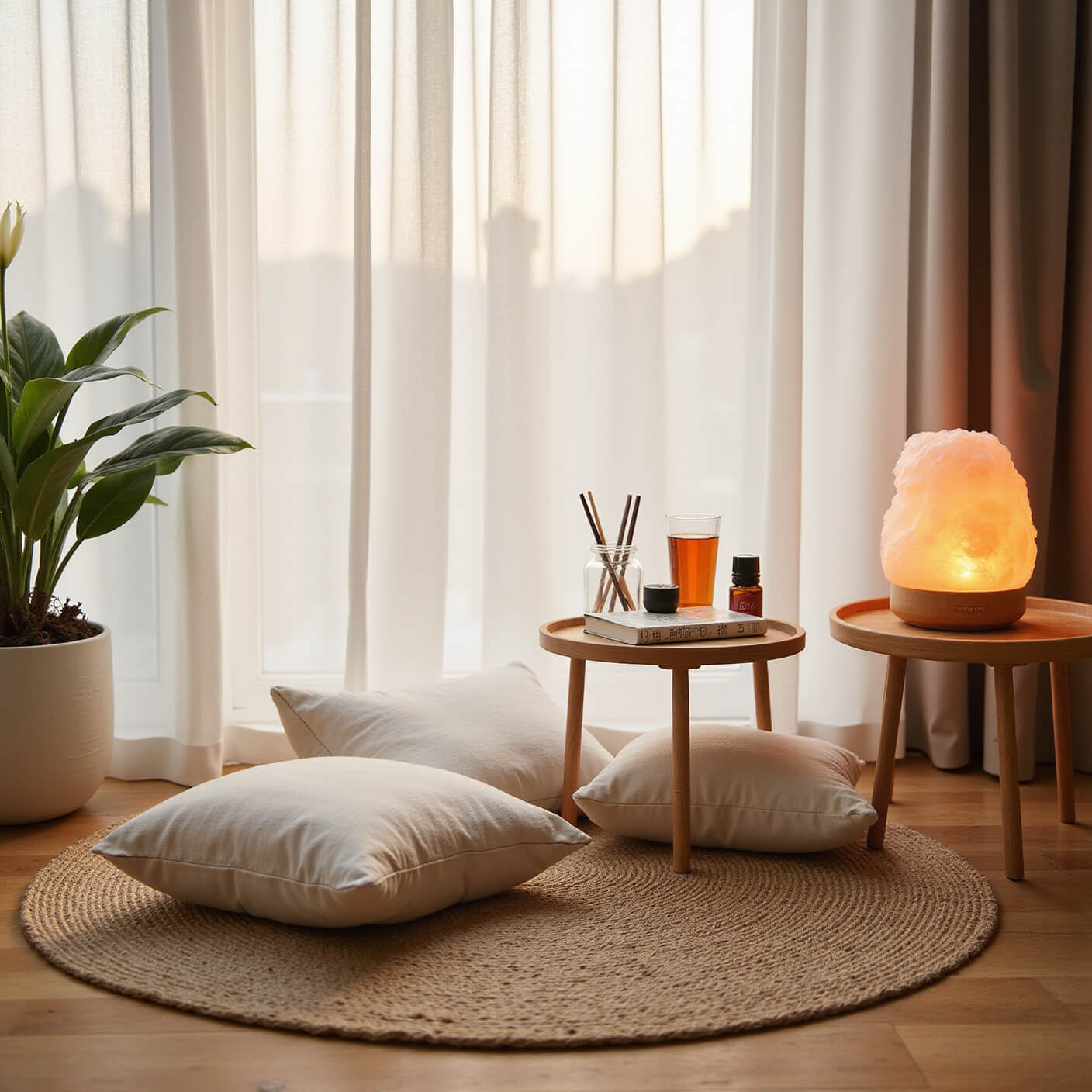 Cozy meditation corner at dawn with jute rug, floor cushions, peace lily, salt lamp glow, essential oil mist, wellness journal, and tea on bamboo table.