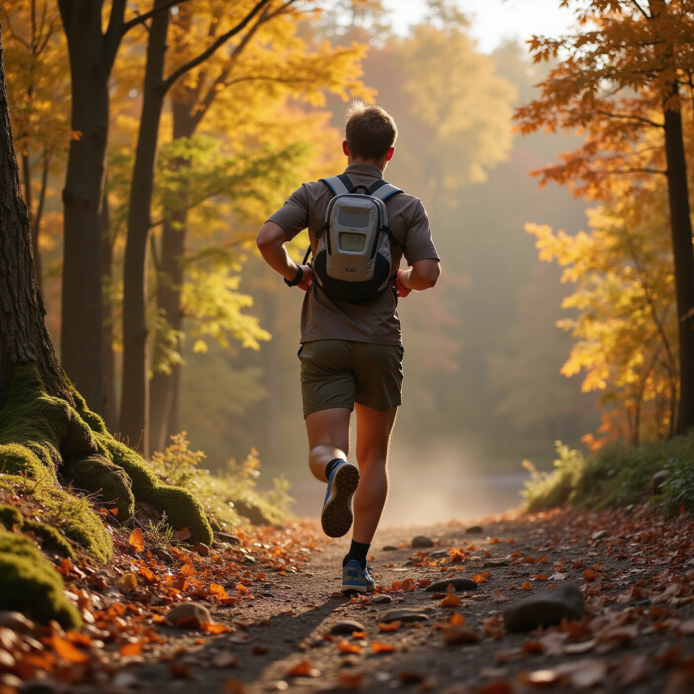 Trail runner in earth-toned gear navigating a root-filled autumn forest path at golden hour, with falling maple leaves and blurred natural background.