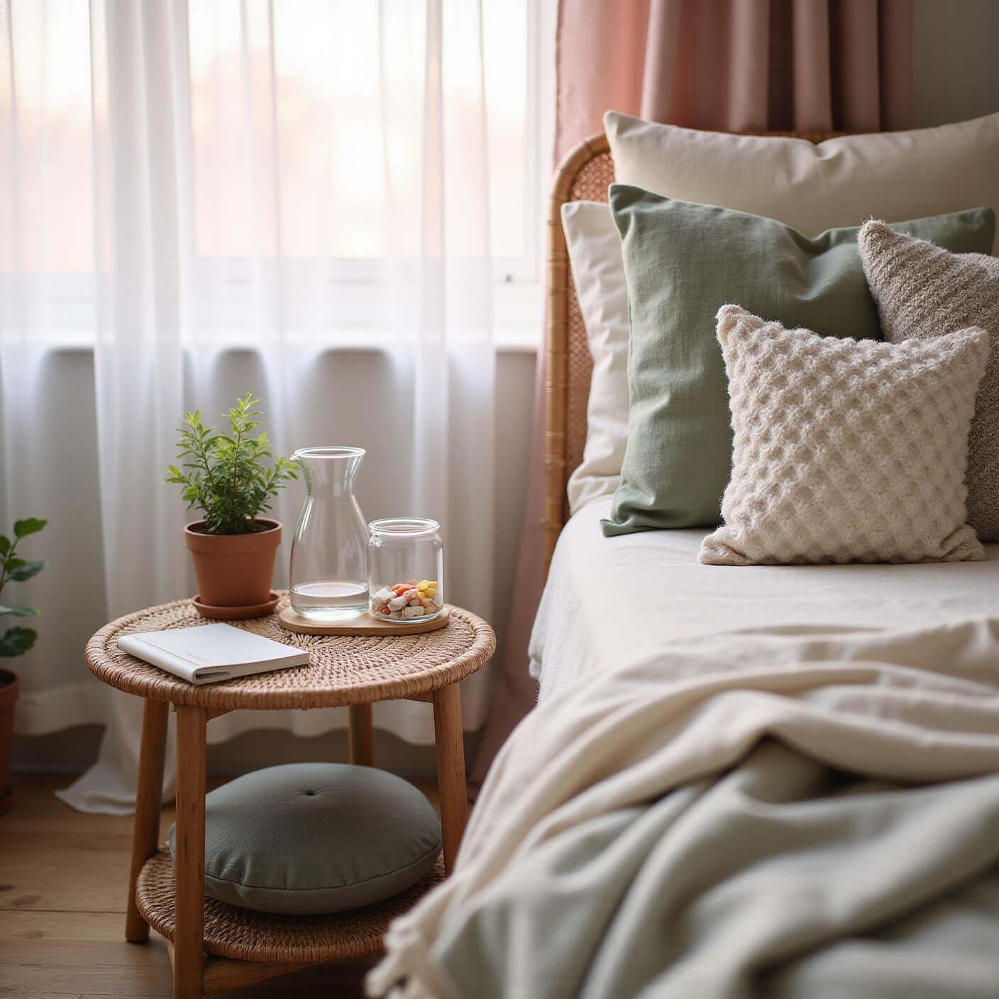 Cozy bedroom wellness corner at dawn with rattan side table holding pill organizer, water carafe, and journal, soft pink light through curtains, chunky knit throw, linen pillows, potted plant, and meditation cushions.