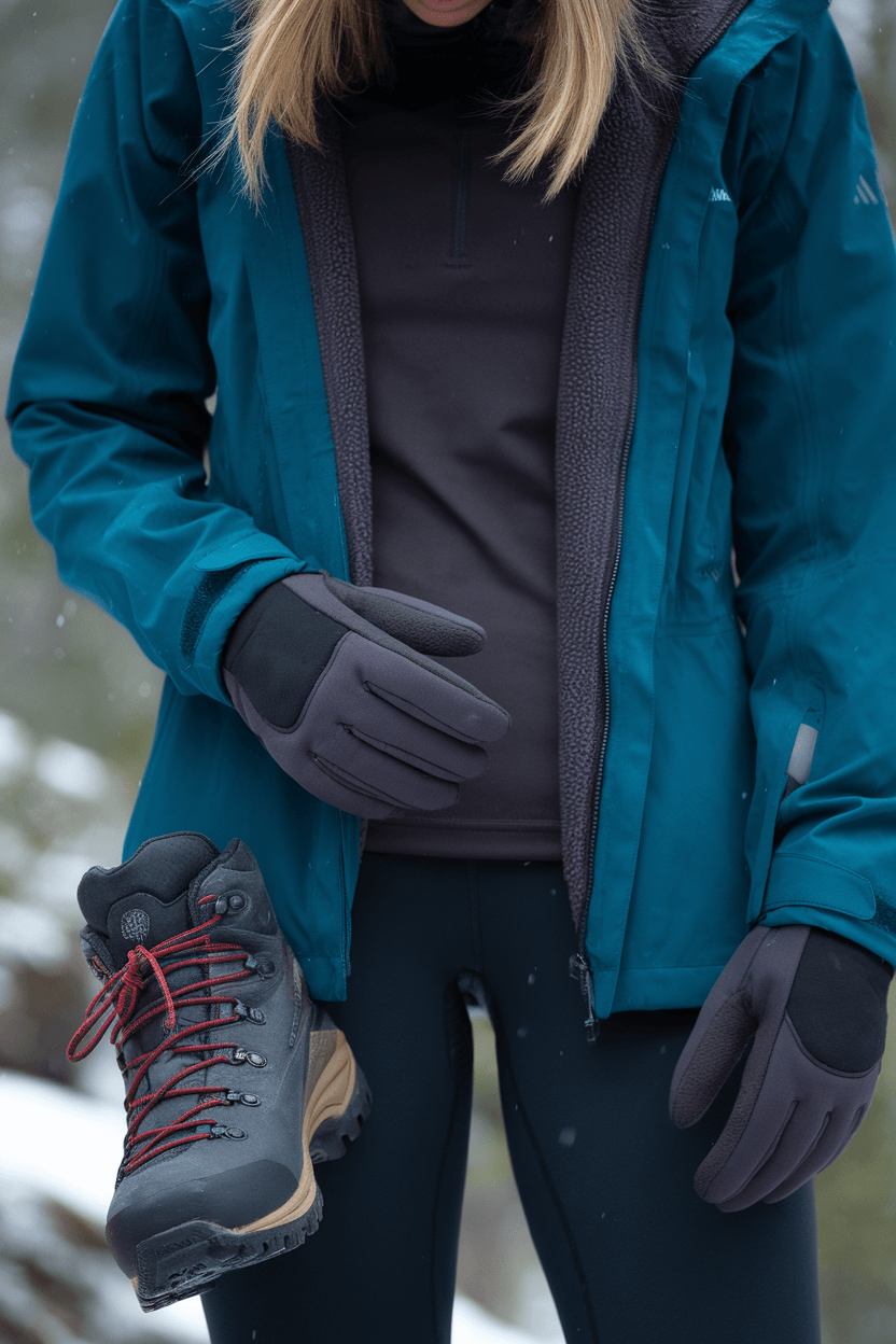 Hiker on snowy winter trail wearing layered outdoor gear: teal waterproof shell, charcoal fleece, black thermal leggings, red-laced boots, knit beanie, and gloves; close-up shows technical fabric textures and weather protection features.