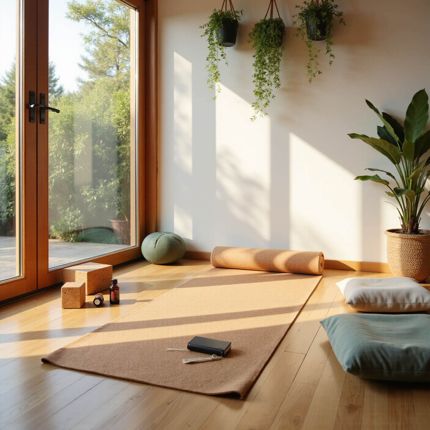 Sunlit home yoga studio at dawn with bamboo floors, white walls, hanging plants, a cork yoga mat, meditation cushions, essential oils, and yoga props bathed in warm golden light.