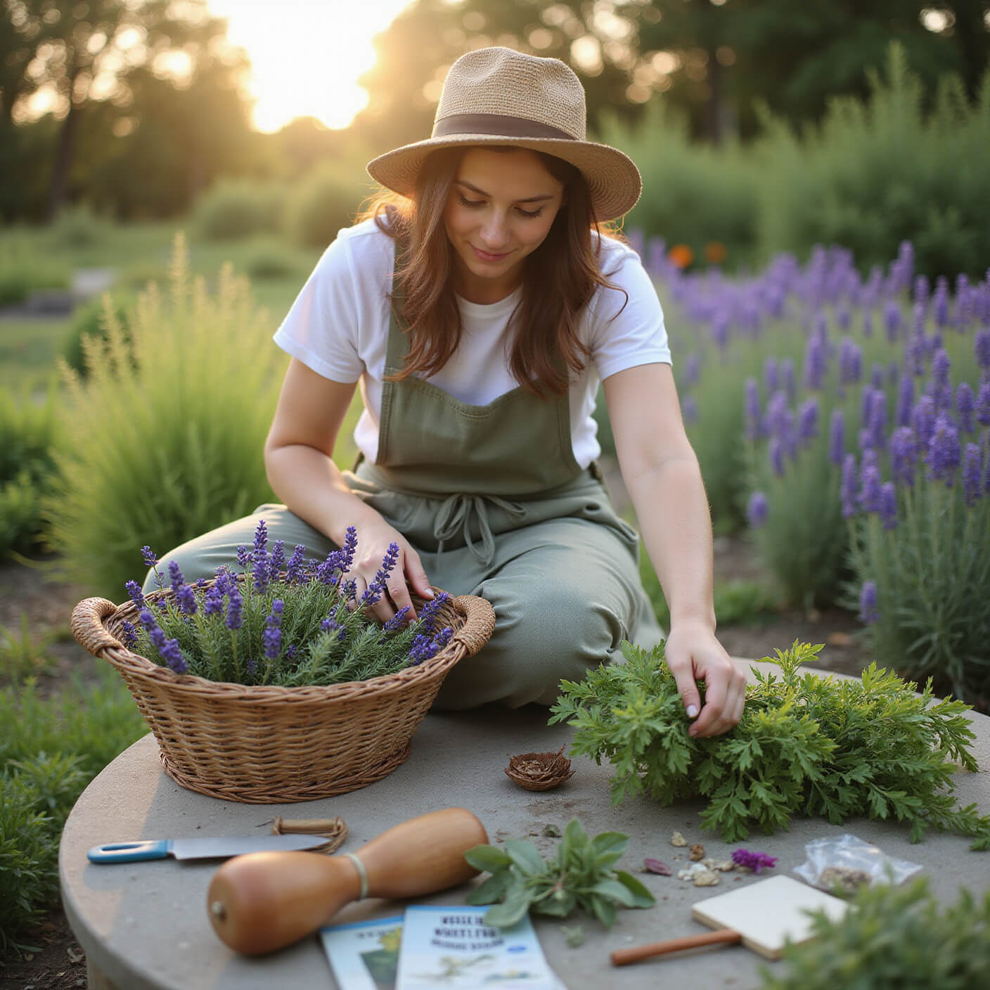 Master gardener harvesting lavender, chamomile, and sage in a therapeutic garden, wearing natural fiber clothing and apron, with sustainable tools and plant guides nearby, bathed in soft afternoon light.