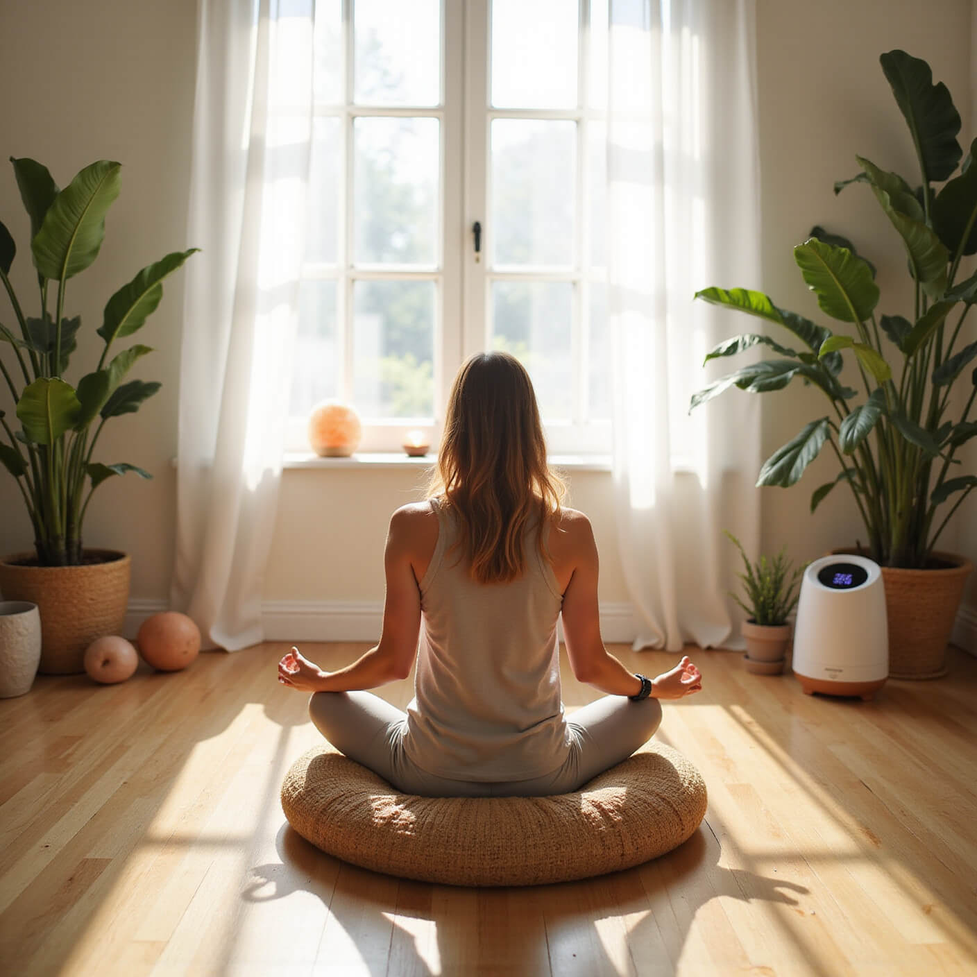 Person meditating on a jute cushion in a sunlit home yoga studio with pothos plants, salt lamps, and calming mist, surrounded by soft dawn light and peaceful decor.