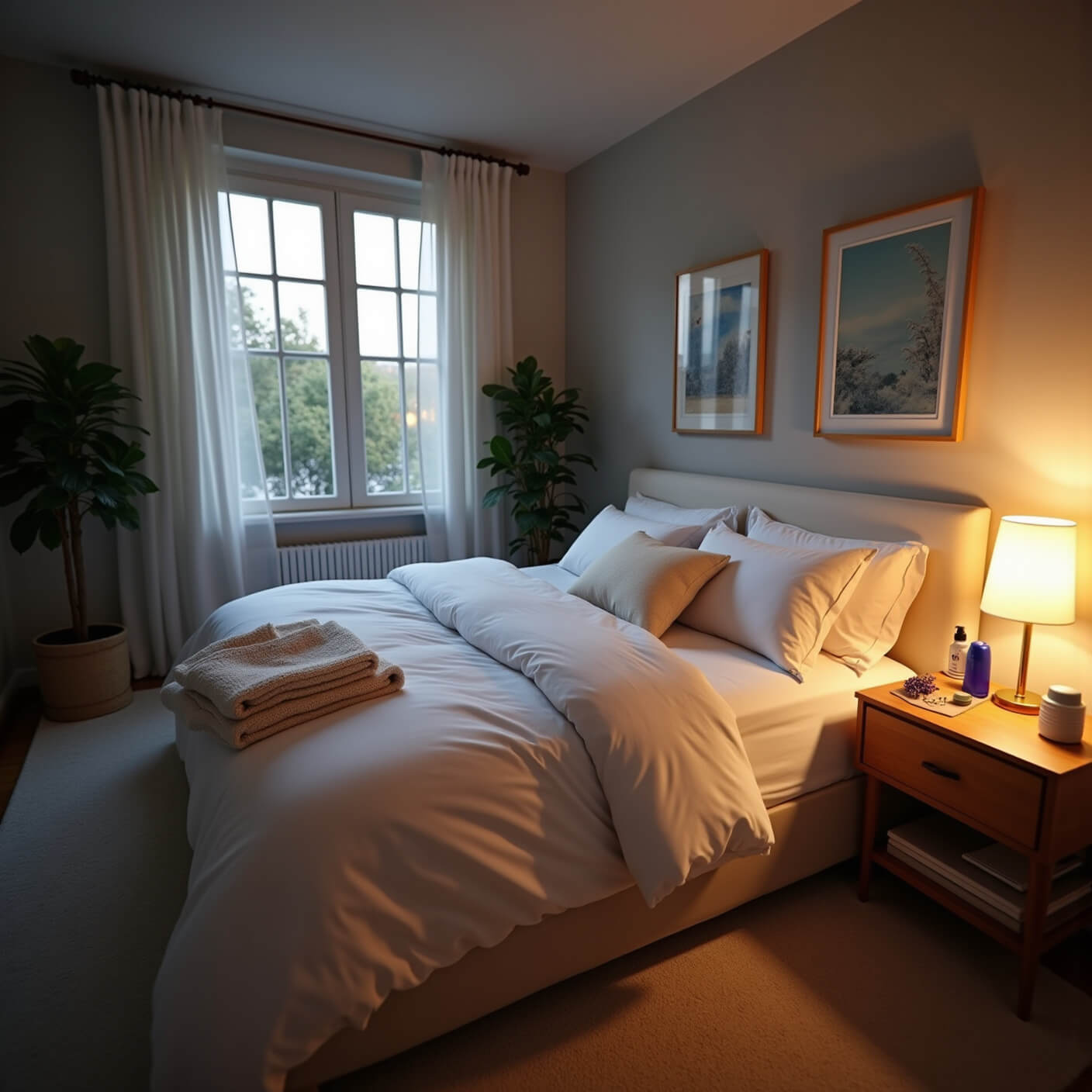 Cozy twilight bedroom featuring a king bed with white organic sheets and weighted blanket, natural wood nightstand with lavender spray, sleep tracker, and herbal tea, blackout curtains, soft blue-light lamp, air-purifying plants, and white noise machine.