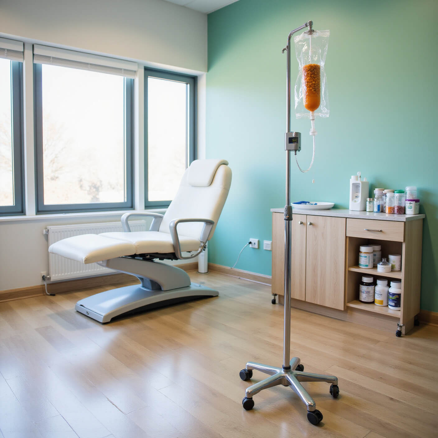 Modern clinical wellness space with IV drip setup, white treatment chair, organized supplements, air purifier, and soft afternoon light.