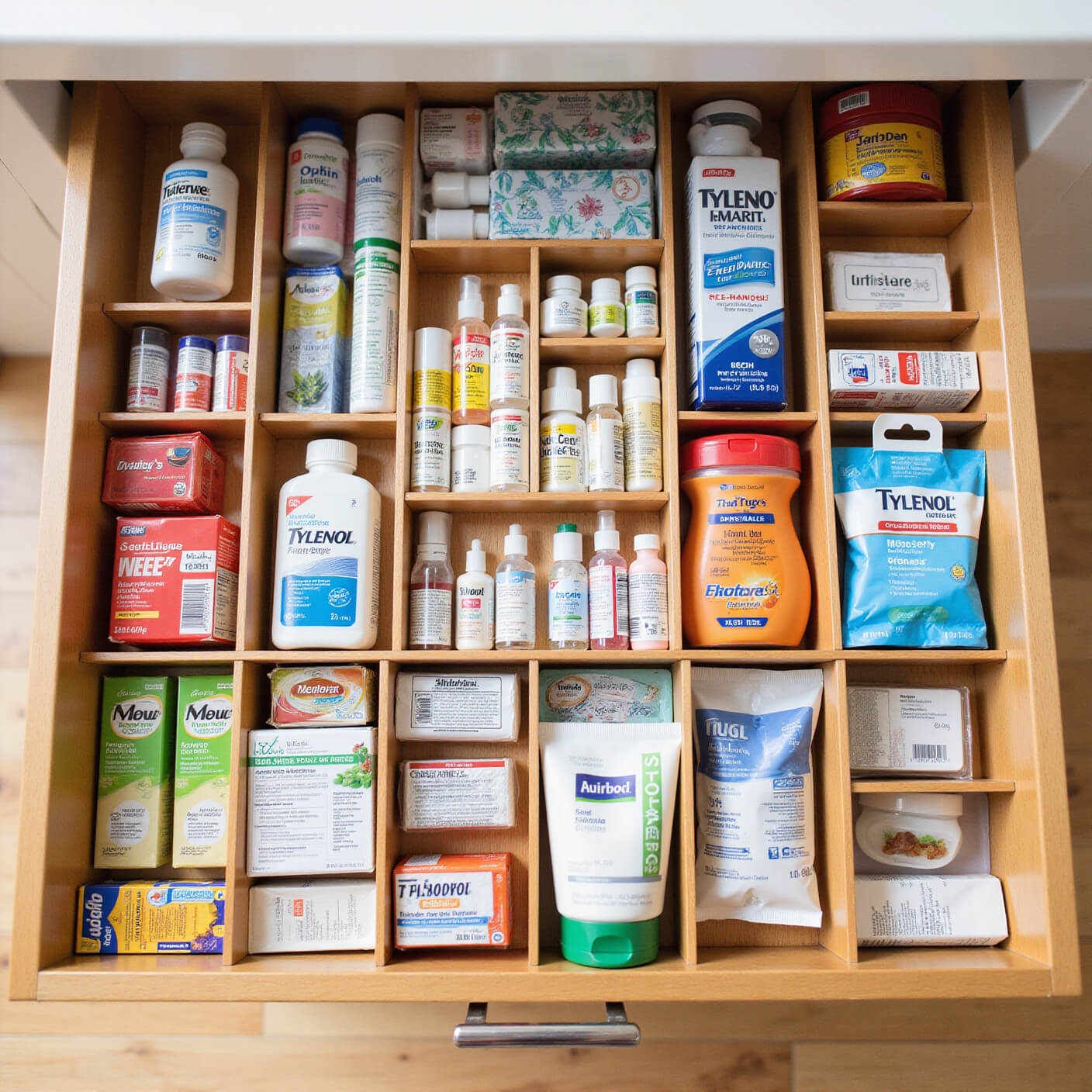 Overhead view of a neatly organized wooden drawer with labeled sections for medications like Tylenol, antacids, and first aid supplies, in bright natural light.