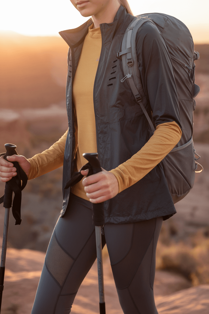 Hiker on sunset canyon trail wearing mustard yellow moisture-wicking top, black ventilated windbreaker, gray mesh-panel leggings, and carrying trekking poles and a neutral-toned daypack, highlighted by golden hour lighting.