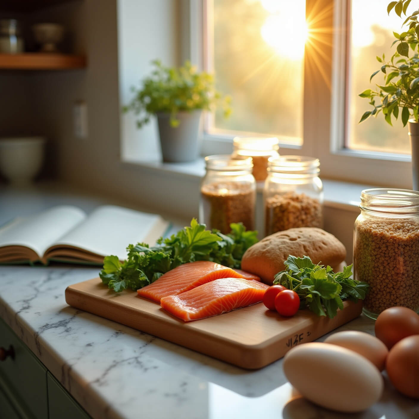 Modern kitchen at golden hour with sunlight on a wooden cutting board featuring salmon, leafy greens, whole grain bread, eggs, quinoa jars, and a meal plan notebook.