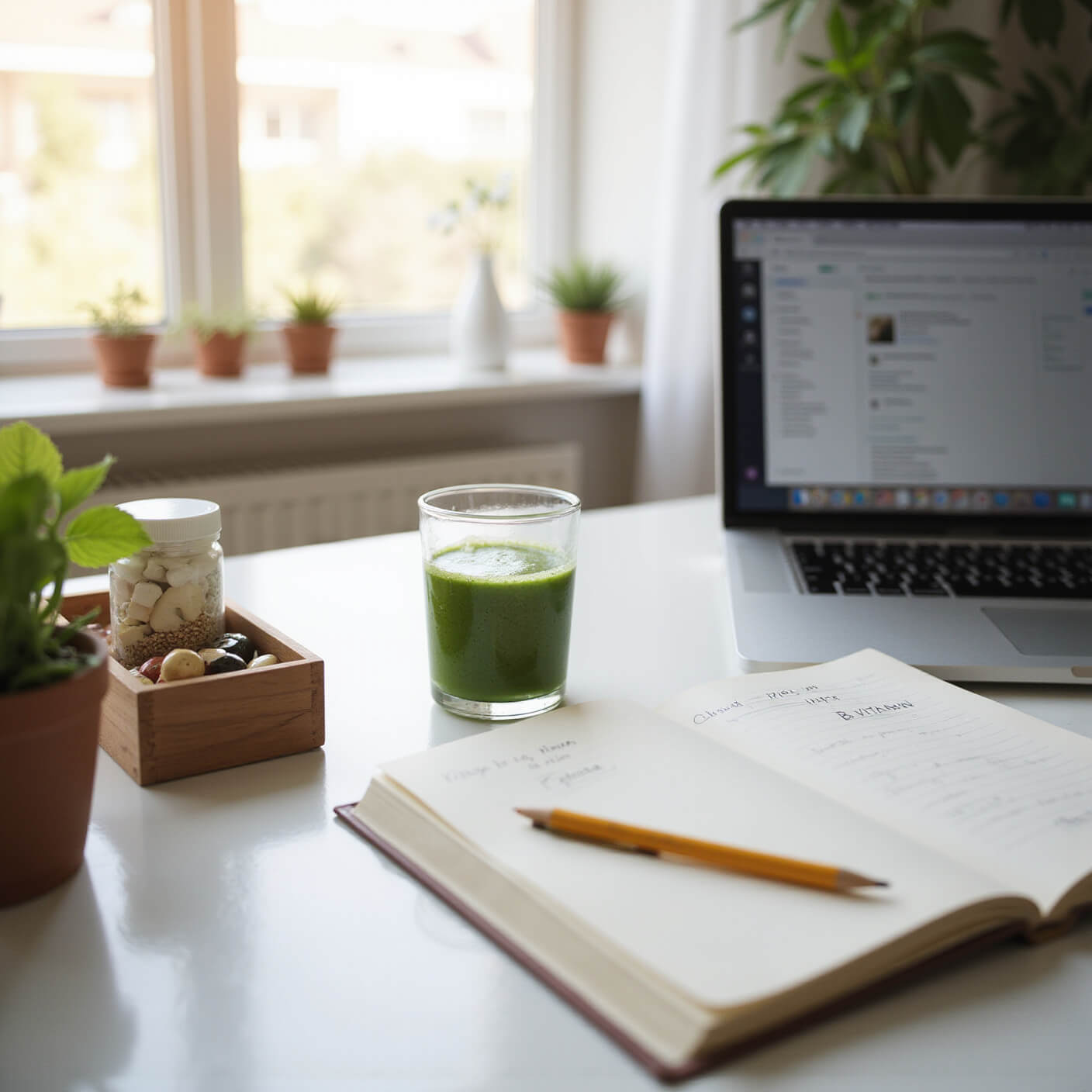 Minimalist home office at dawn with a white desk featuring an open journal tracking B-vitamin intake, a green smoothie, organized supplements in a wooden tray, potted herbs on the windowsill, and a laptop displaying nutrition research.