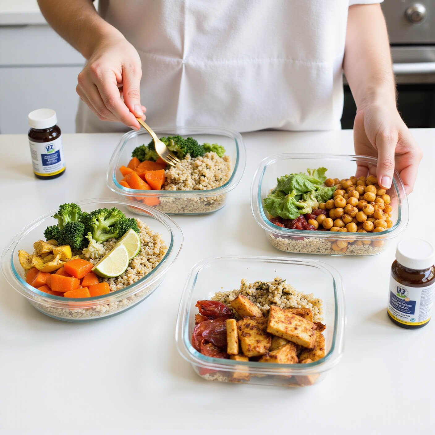 Overhead view of a modern kitchen with white counters, colorful Buddha bowls in glass containers featuring quinoa, chickpeas, vegetables, and tofu, with a Vitamin B12 supplement placed nearby.