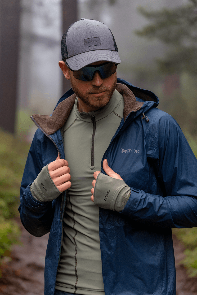 Hiker on early morning forest trail wearing premium hiking gear: heather gray quick-dry cap, polarized wrap-around sunglasses, taupe convertible zip-off pants, sage green technical base layer with thumb holes, midnight blue waterproof jacket, and brown leather hiking boots with contrasting laces, highlighted by dewy morning light.