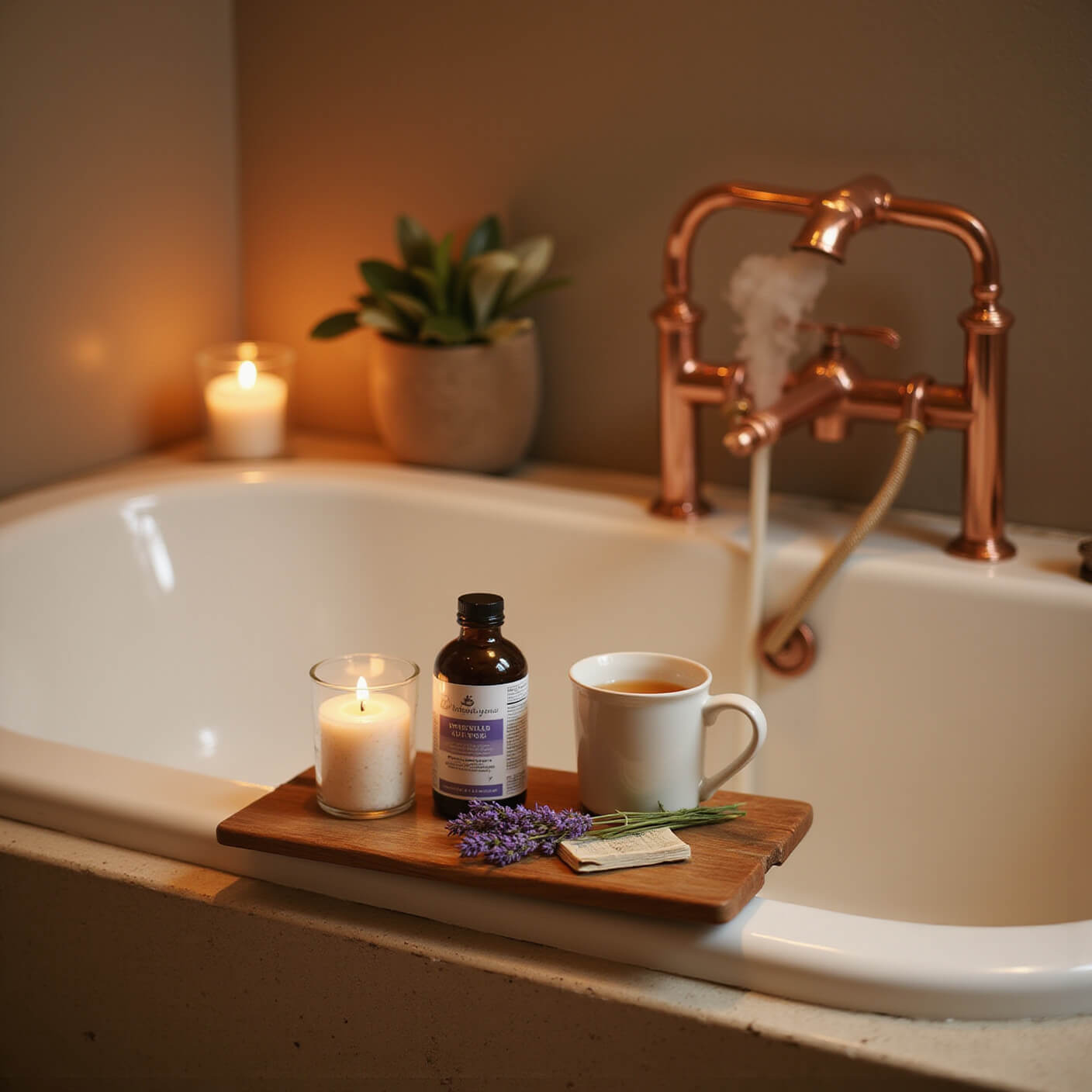 Serene evening self-care setup with a bath caddy holding pain relief medication, herbal tea, lavender bath salts, and a wellness journal beside a steaming soaking tub under warm candlelight.