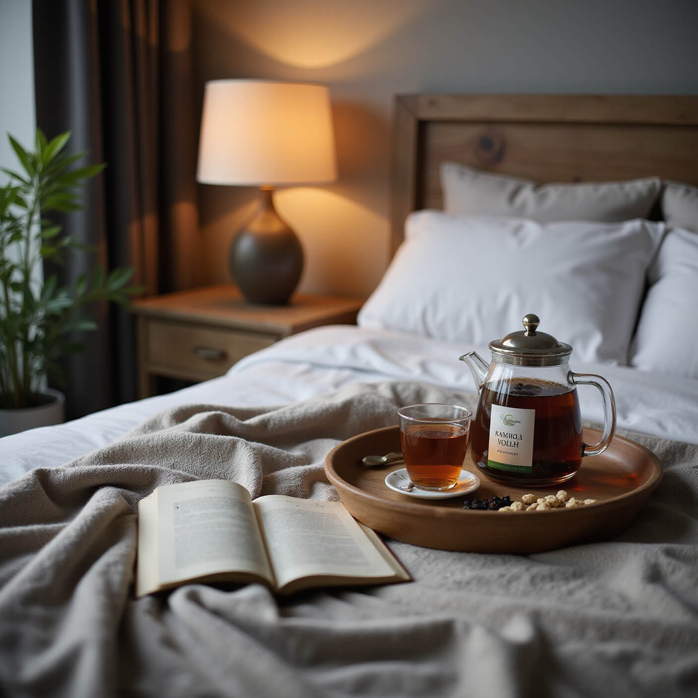 Scandinavian-style bedroom with herbal tea, nutrition book, B-complex supplements on a wooden tray, linen bedding, soft blanket, and warm moody lighting emphasizing a cozy self-care routine.