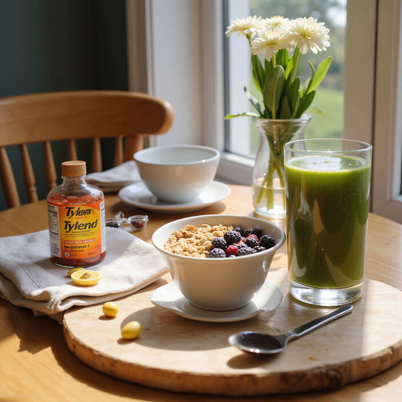 Sunlit breakfast nook with yogurt parfait, green smoothie, Tylenol, probiotic supplements, and fresh flowers on a warm wood table.