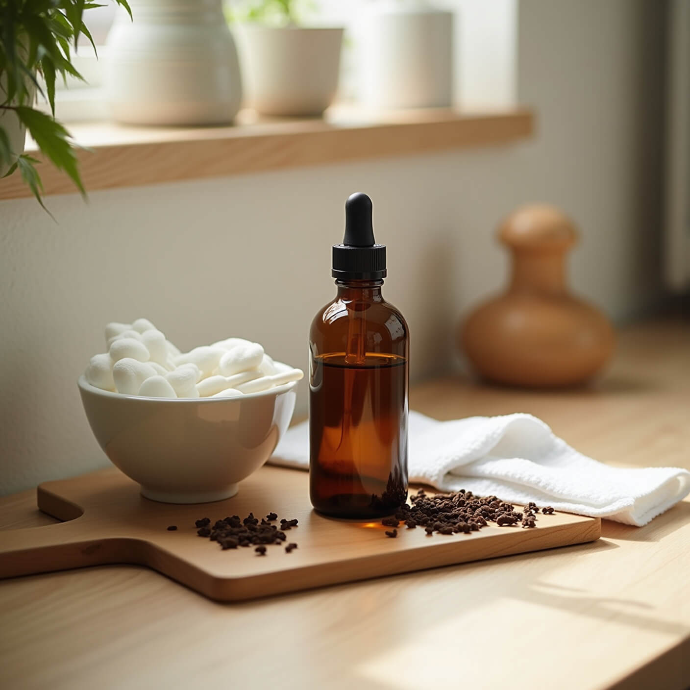 Amber glass bottle of clove oil, white ceramic bowl with cotton swabs, scattered dried cloves, wooden cutting board, and folded white washcloth in warm, soft afternoon light.