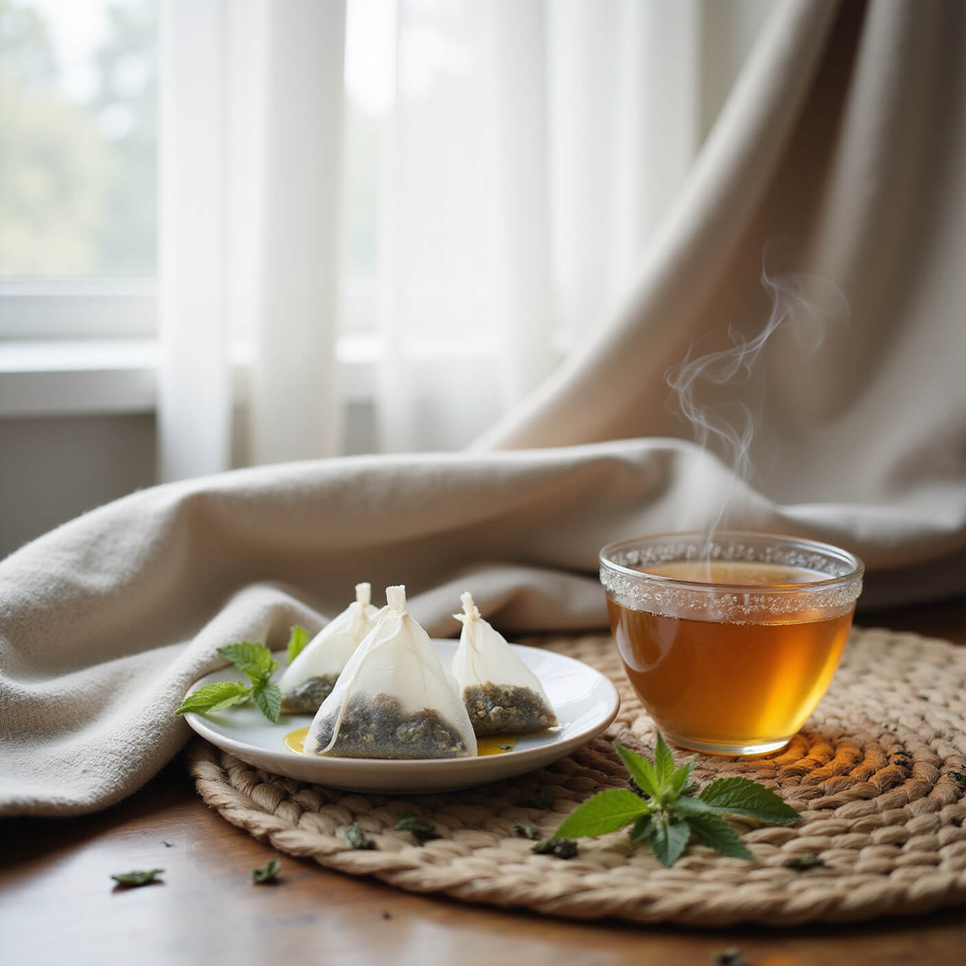 Cozy nook with cooling peppermint tea bags on a ceramic plate, freshly brewed tea steaming nearby, dried leaves scattered on a woven placemat, soft blanket in background, and natural light filtering through sheer curtains.