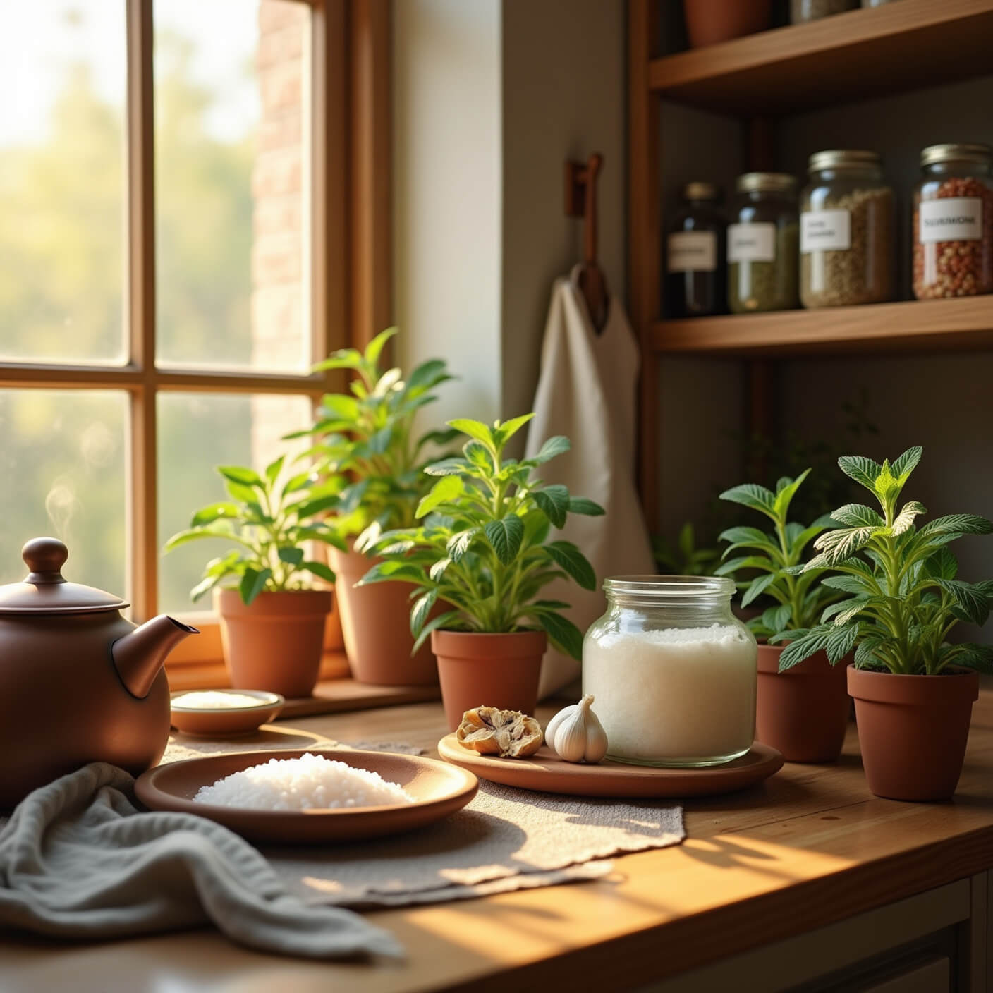 Warm, sunlit kitchen with a wellness station featuring salt water mixing, crushed garlic, growing peppermint plants, labeled glass jars on wooden shelves, a linen apron, and a steaming copper kettle.