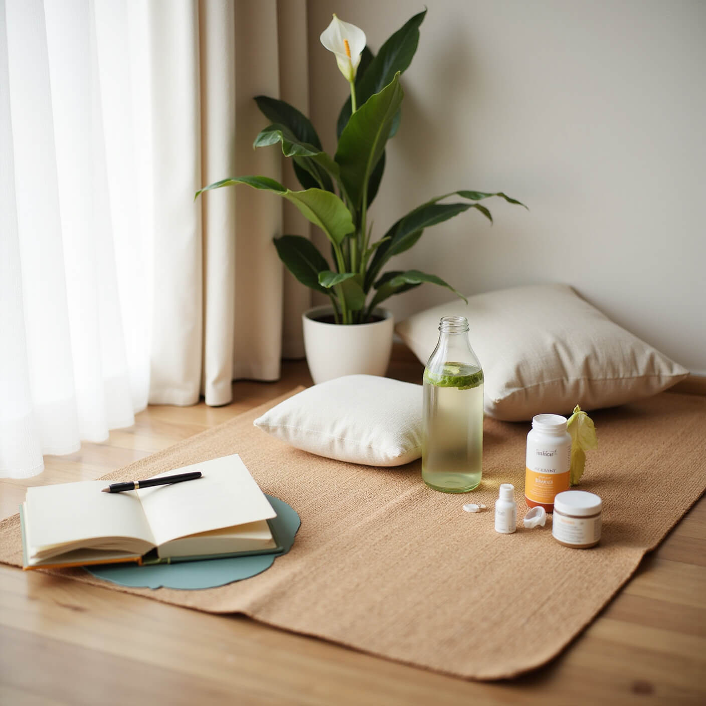 Sunlit home yoga space with cork mat, linen cushions, probiotic supplements, a cucumber-infused water bottle, and a peace lily, evoking morning serenity in neutral tones.