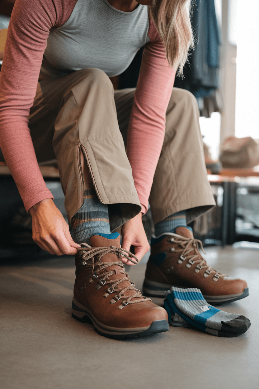 Woman in fitting room trying on layered hiking outfit with merino base layer, coral fleece mid-layer, convertible hiking pants, and leather boots, reflected front and back in mirror.