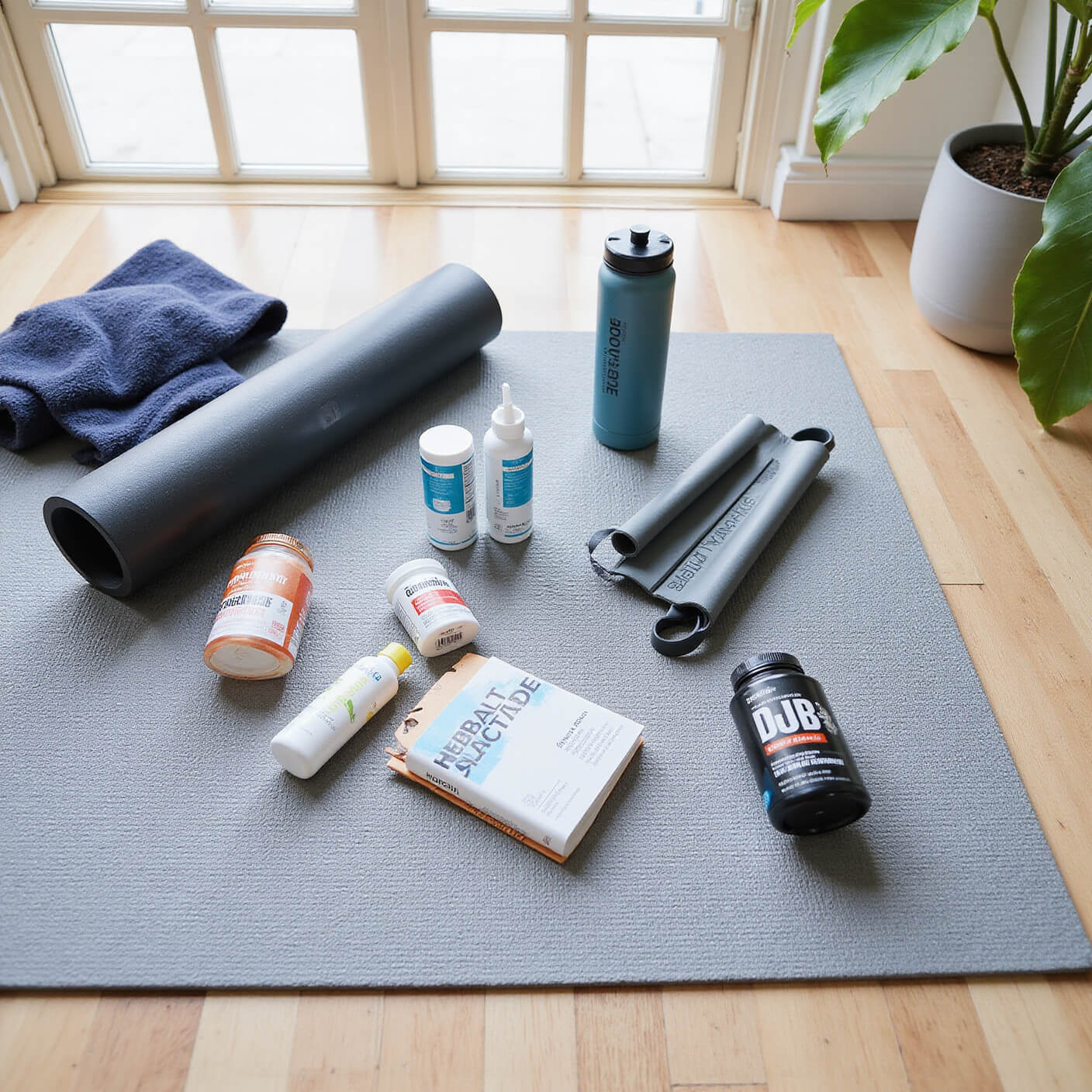 Flat lay of post-workout recovery items on grey yoga mat, including water bottle, foam roller, resistance bands, pain relief medication, electrolyte supplements, sweat towel, and workout journal, with natural light on hardwood floor.