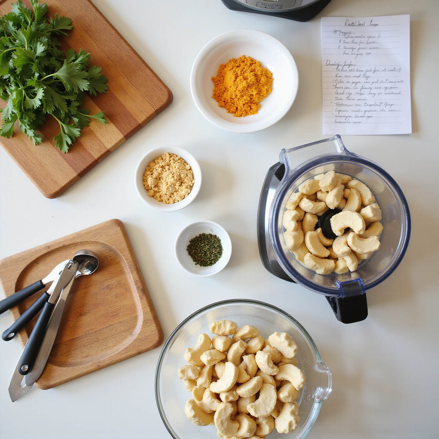 Overhead view of a warm, professional kitchen counter with soaking cashews, nutritional yeast, herbs, handwritten recipe cards, and a blender ready for dairy-free cheese making.