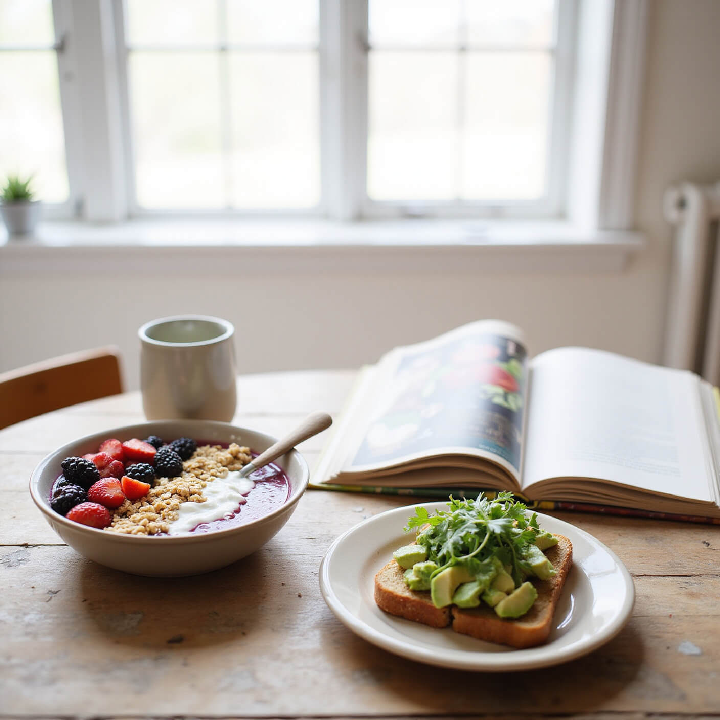 Bright breakfast nook with a smoothie bowl topped with berries, grain-free granola, and coconut yogurt, alongside avocado toast on sprouted grain bread and an open plant-based cookbook.
