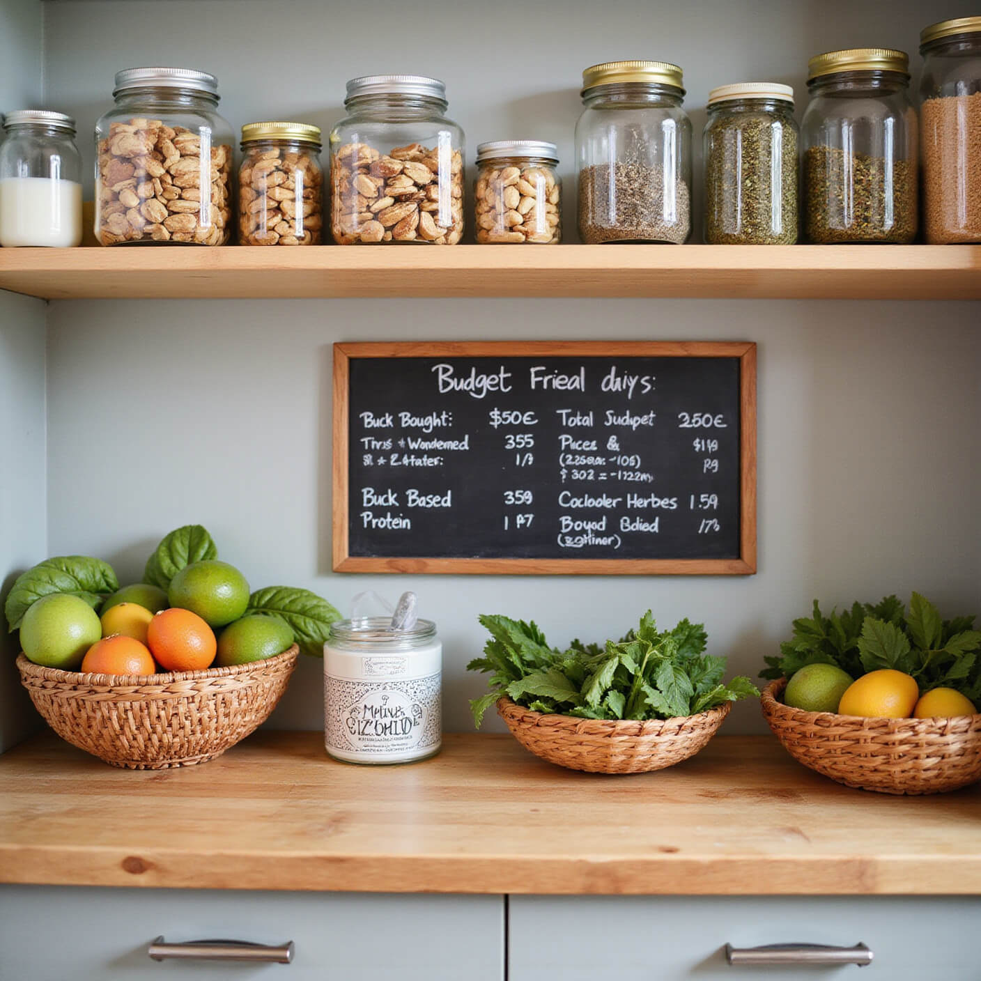 Organized pantry with glass jars of nuts, plant-based proteins, dried herbs, woven baskets of produce, and a chalkboard showing milk-making instructions and cost comparisons, in warm natural light.