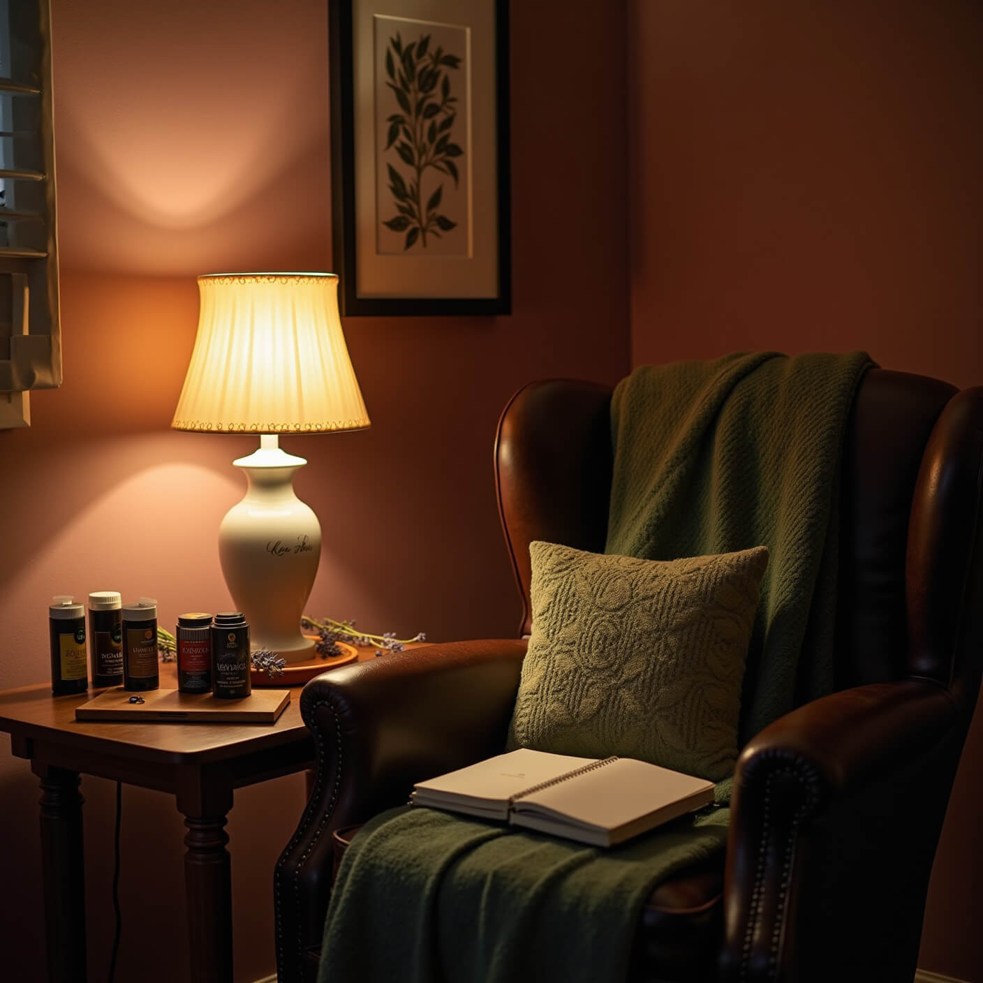 Cozy wellness corner with leather armchair, weighted blanket, side table with adaptogenic teas, supplements, wellness journal, and essential oil diffuser surrounded by lavender, in warm lamp light and rich burgundy, green, and brown tones.