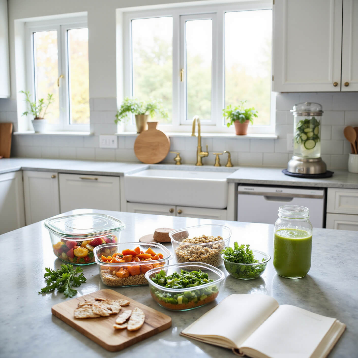 Modern kitchen with sunlight streaming in, showcasing meal prep on a marble island with colorful veggies, quinoa, grilled chicken, herbs, a cutting board with almonds, a water infuser, and a green smoothie next to an open meal planning notebook.