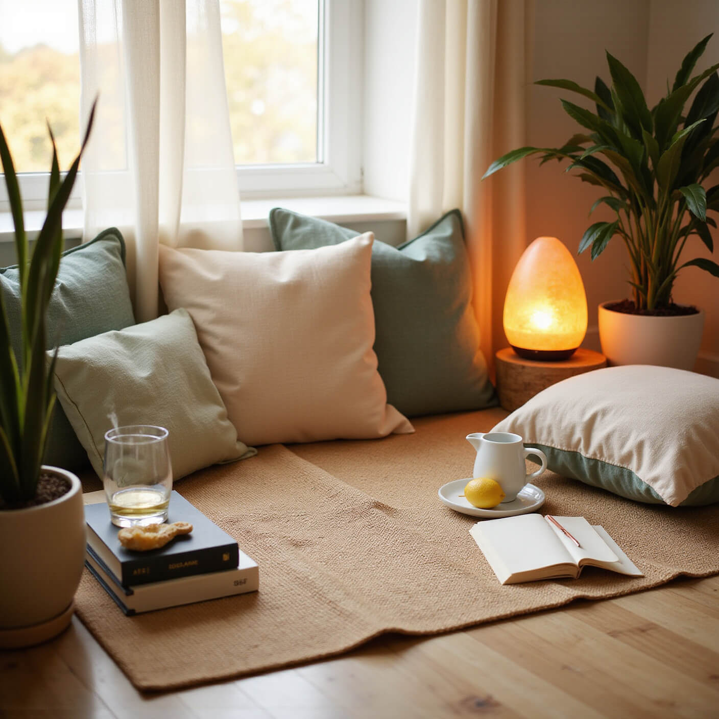 Cozy meditation corner with jute yoga mat, sage and cream cushions, salt lamp, essential oil diffuser, wellness books, lemon water, and lush potted plants in golden hour light.