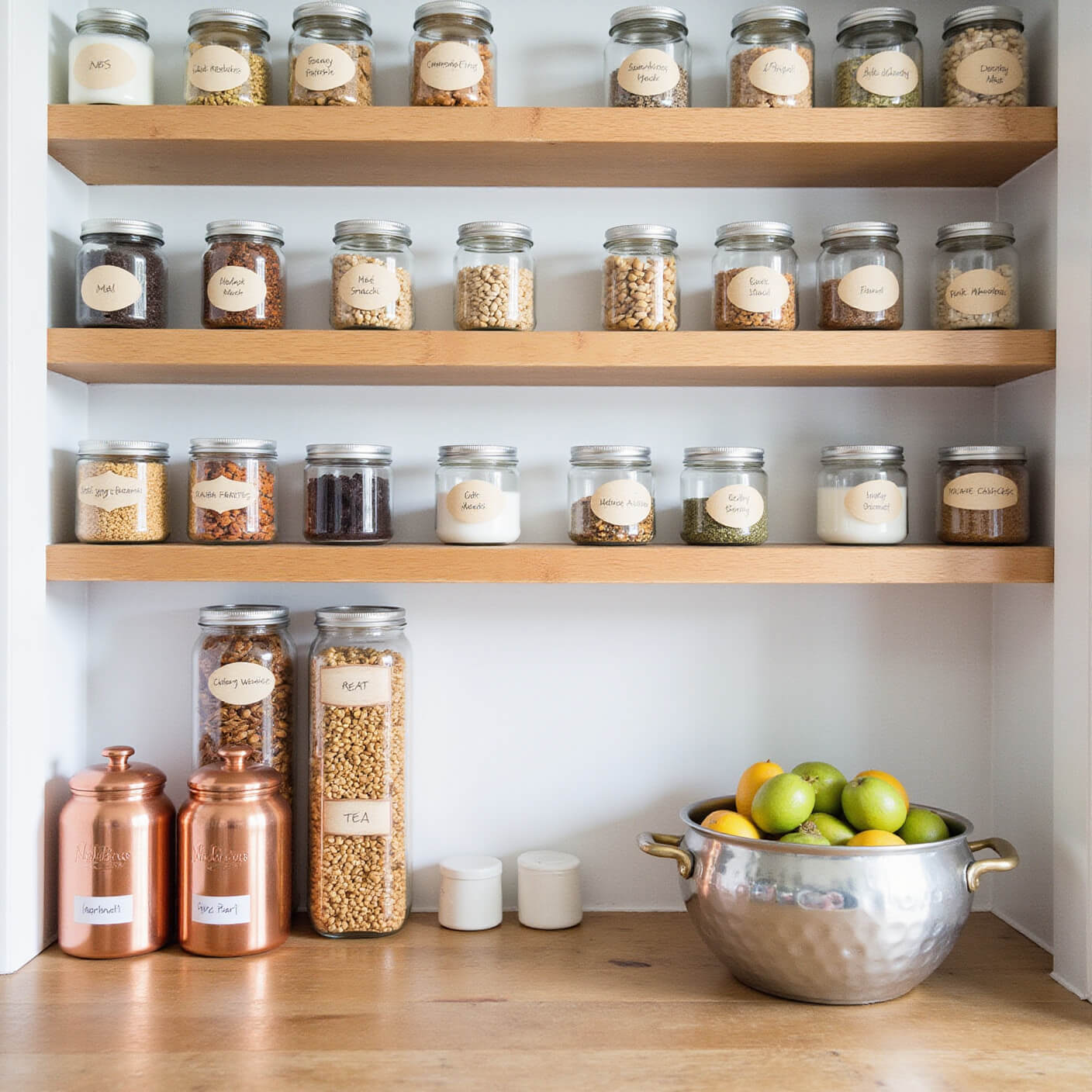 Organized wellness pantry with clear jars of nuts, seeds, and legumes on wooden shelves, labeled healthy snack alternatives, a tea station with copper canisters, and fresh fruit in a metal bowl under soft lighting.