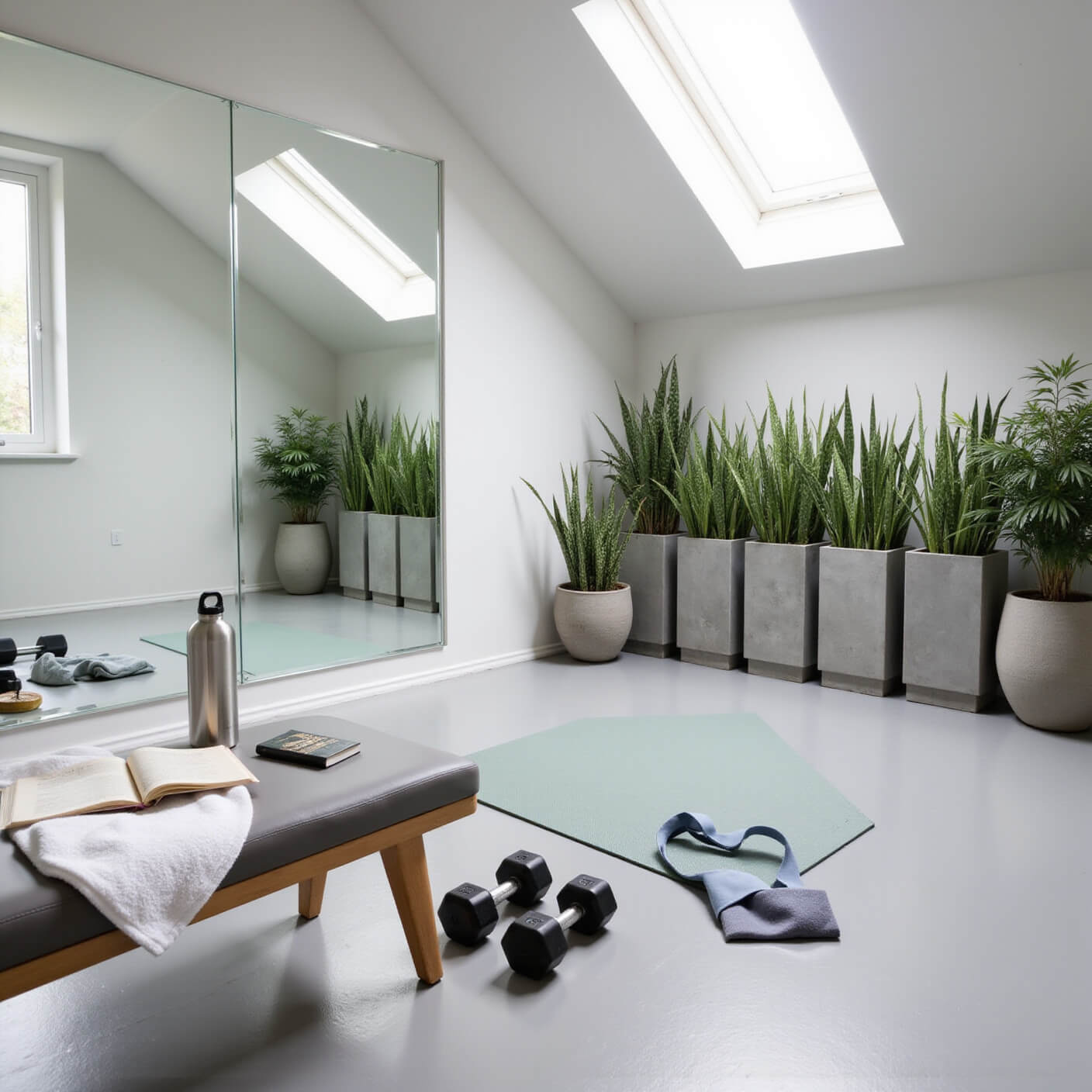 Minimalist home gym with yoga mat, resistance bands, dumbbells, and a wooden bench with towel, water bottle, and fitness journal, surrounded by plants and lit by skylights.