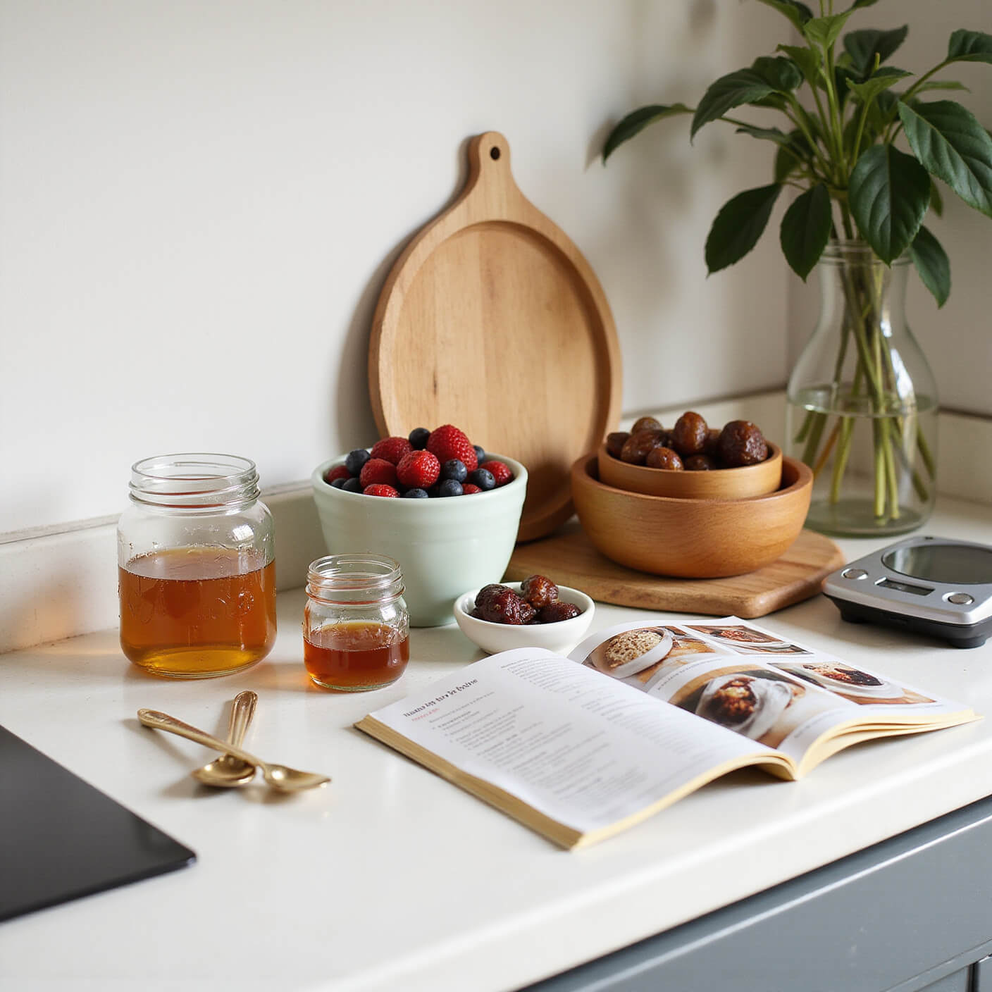 Healthy kitchen counter scene with raw honey jars, fresh berries in bowls, dates in wooden containers, an open sugar-free dessert recipe book, measuring spoons, and a digital scale, softly lit with natural textures highlighted.