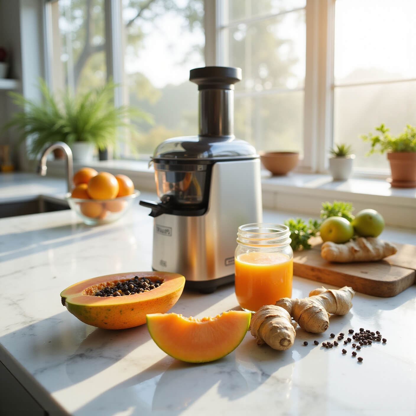 Modern sunlit kitchen with papaya, ginger, peppercorns, and a juicer on a marble countertop, vibrant orange juice in a glass jar, fresh herbs, and citrus fruits in the background.