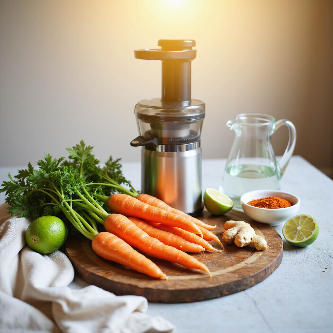 Golden hour light highlights fresh carrots with greens, lime halves, ginger, a silver juicer, cayenne pepper, linen towels, and a glass water pitcher on a rustic wooden board.