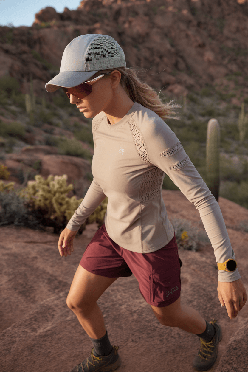 Woman hiking a desert trail in sand-colored UV-protective top, burgundy cargo shorts, gray mesh baseball cap, polarized aviator sunglasses, slate hiking shoes with yellow accents, and mustard yellow sports watch, under warm late afternoon light.